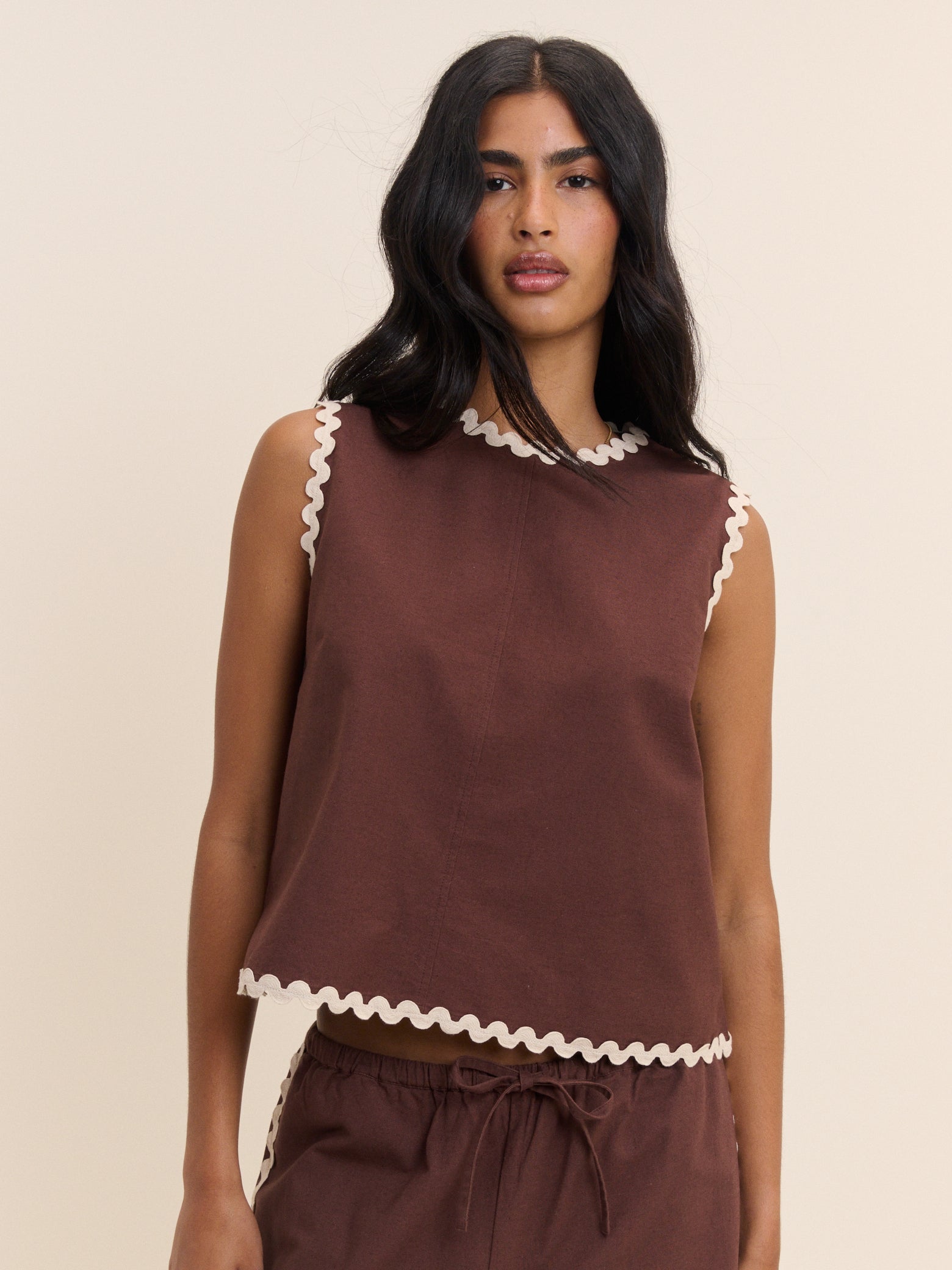 Brown Ric Rac Trim Sleeveless Swing Top