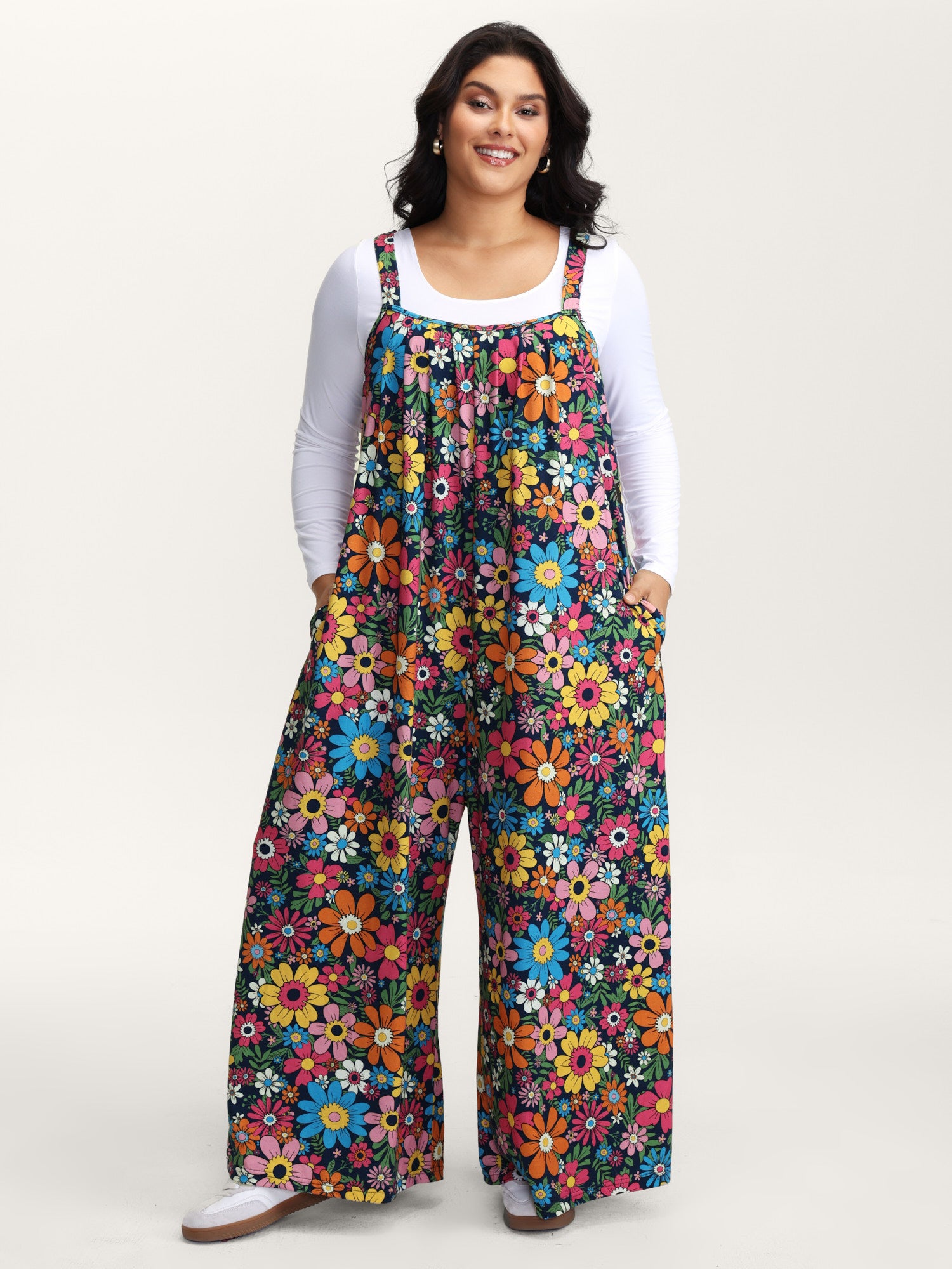 Colorful Floral Pockets Knit Jumpsuit