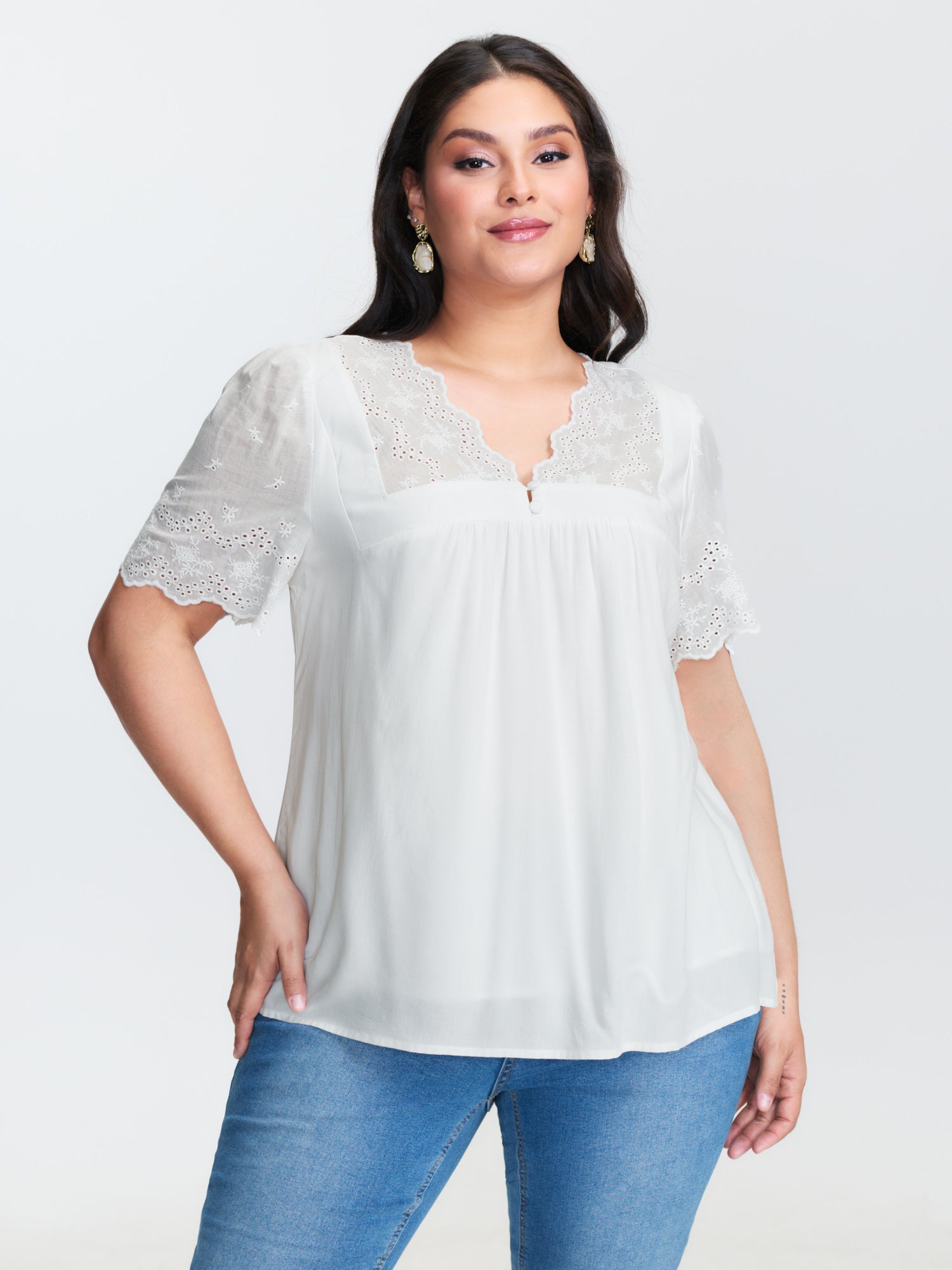 Embroidery Scalloped Sleeve Plain Blouse