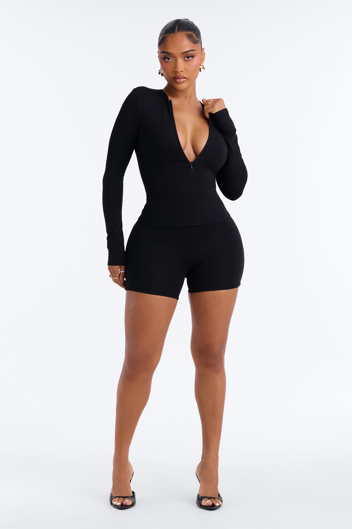 Emily Premium Modal Front Zip Long Sleeve Top - Black