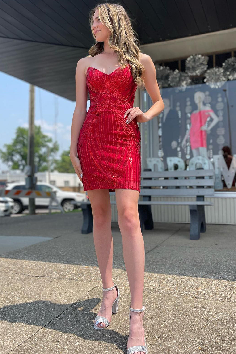 Sparkly Red Sweetheart Lace-Up Back Tight Short Homecoming Dress/Mini Dress