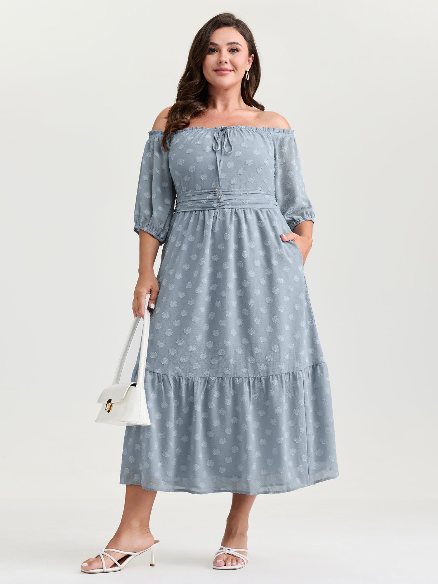 Textured Dots Stretchy Waist Pockets Midi Dress