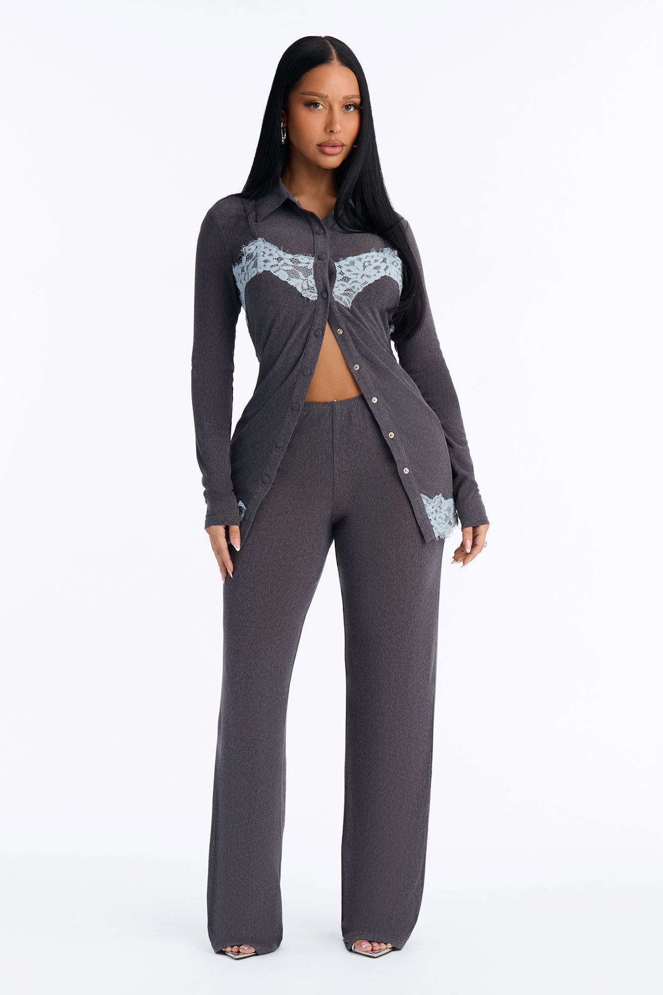 Joelle Layered Long Sleeve Pant Set - Charcoal/combo