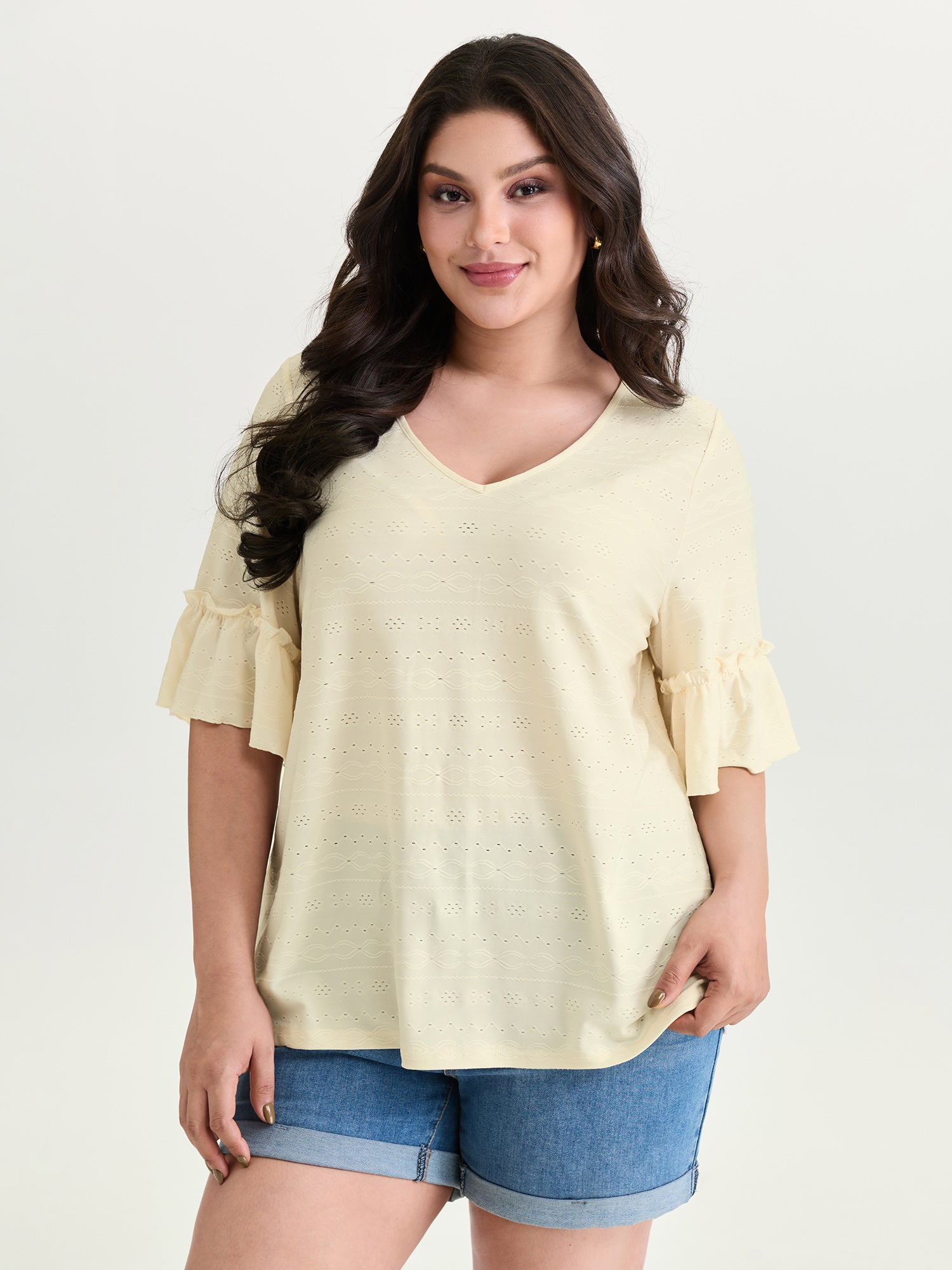 Textured Ruffled Sleeve Flowy T-Shirt