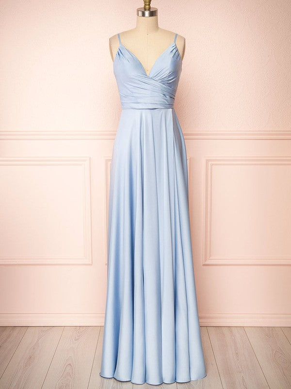 Beautiful A-Line V-Neck Sleeveless Floor-Length Satin Bridesmaid Dresses with Ruffles