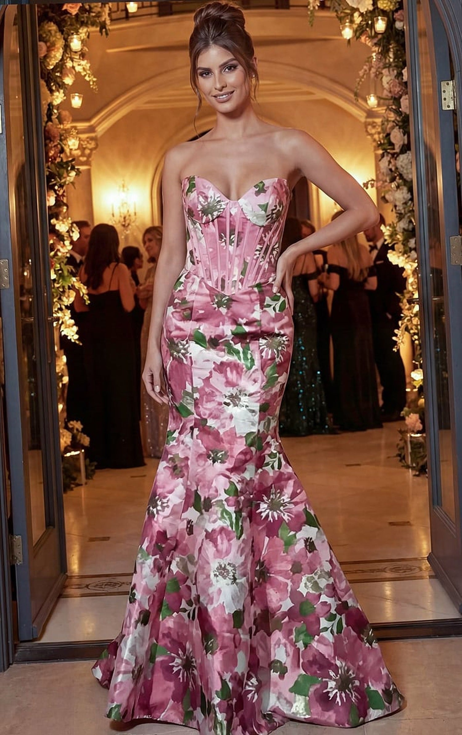 Jovani 49637 Floral Satin Mermaid Corset Dress