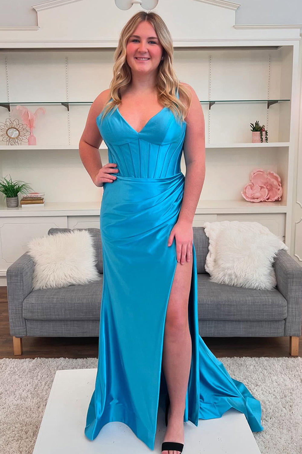 Long Sky Blue Satin Sheath Prom Dress Featuring a Slit