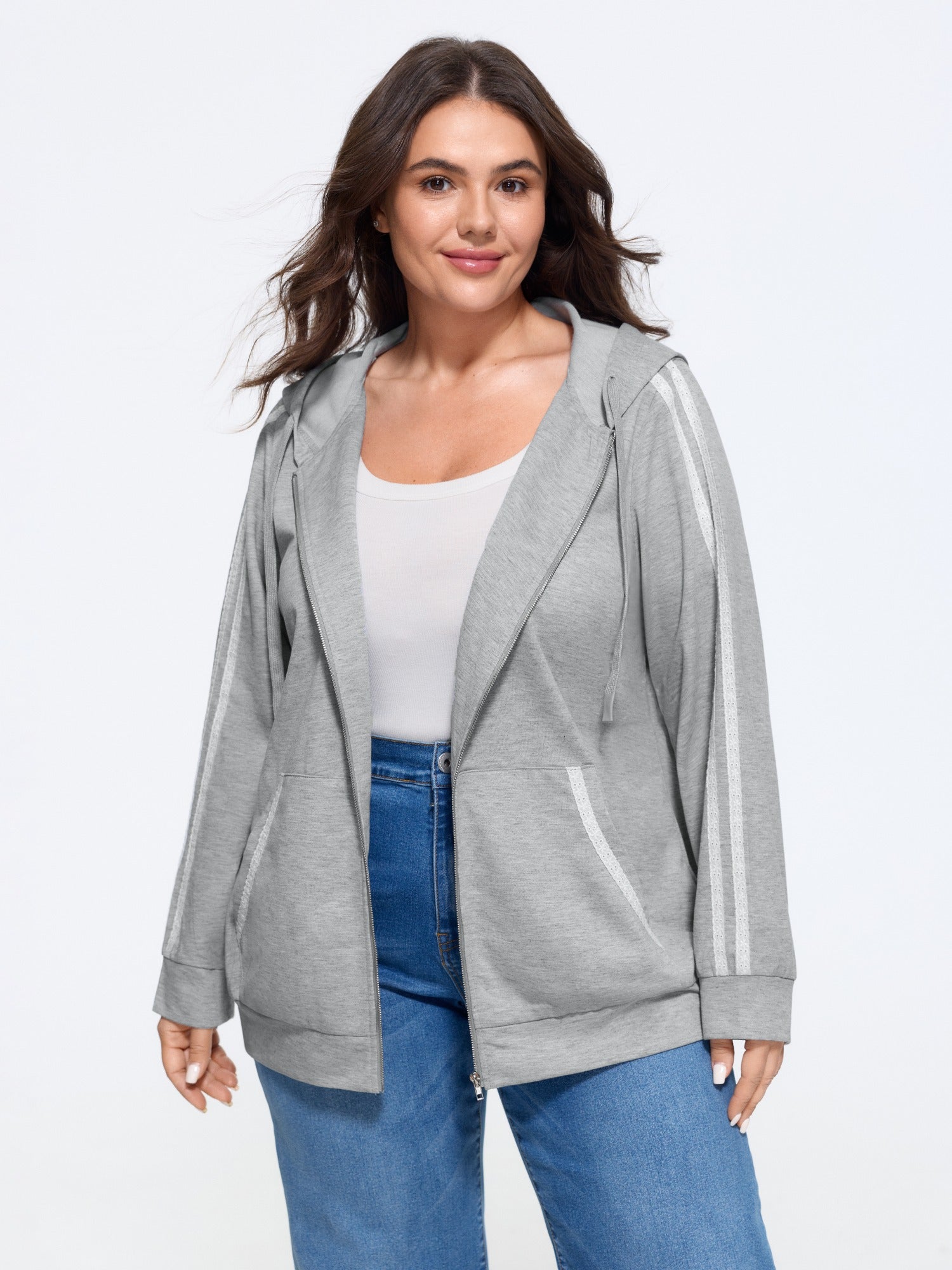 Lace Tape Detail Pocket Zipper Hoodie