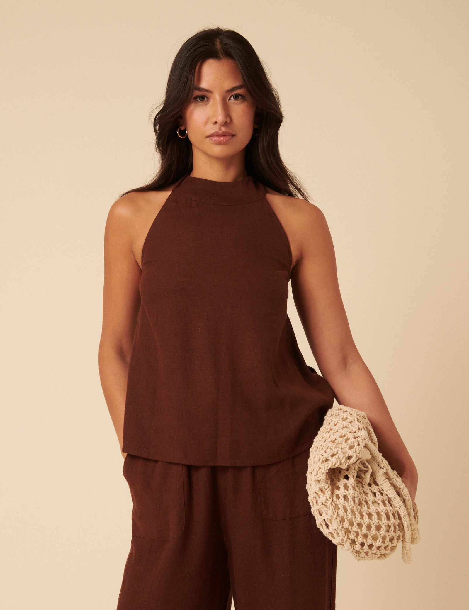 Brown Linen-Rich Halter Neck Top