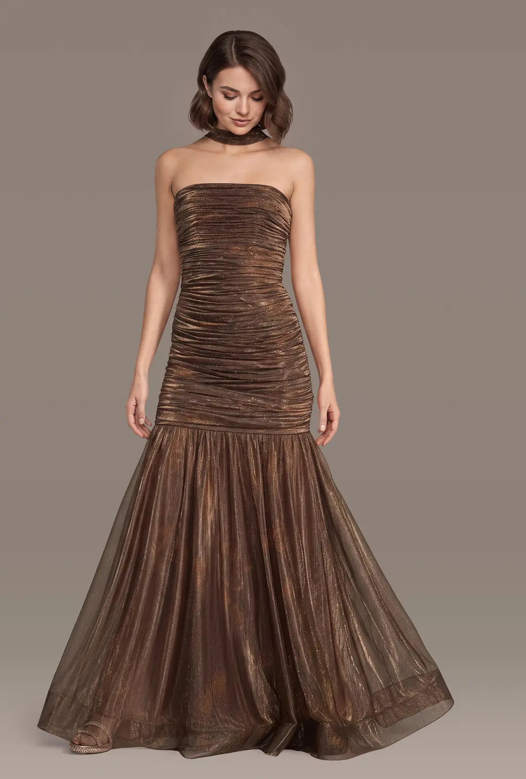Strapless Ruched Metallic Mermaid Dress with Scarf