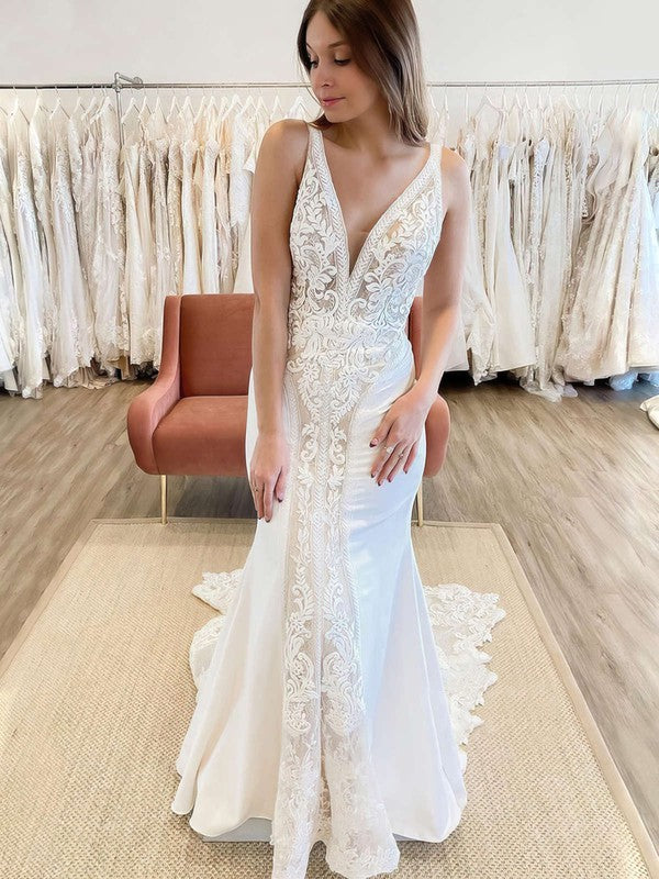 Gorgeous Deep V-Neck Lace Mermaid Backless Satin Wedding Dresses with Sweep Train