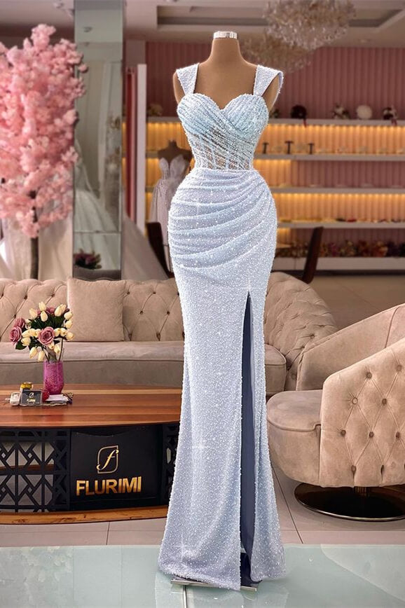 Classic Mermaid Sequins Sweetheart Split Straps Evening Dress With Pleated