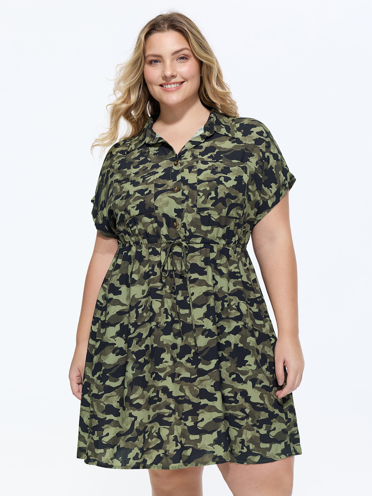 Camouflage Print Waist-Tie Mini Dress