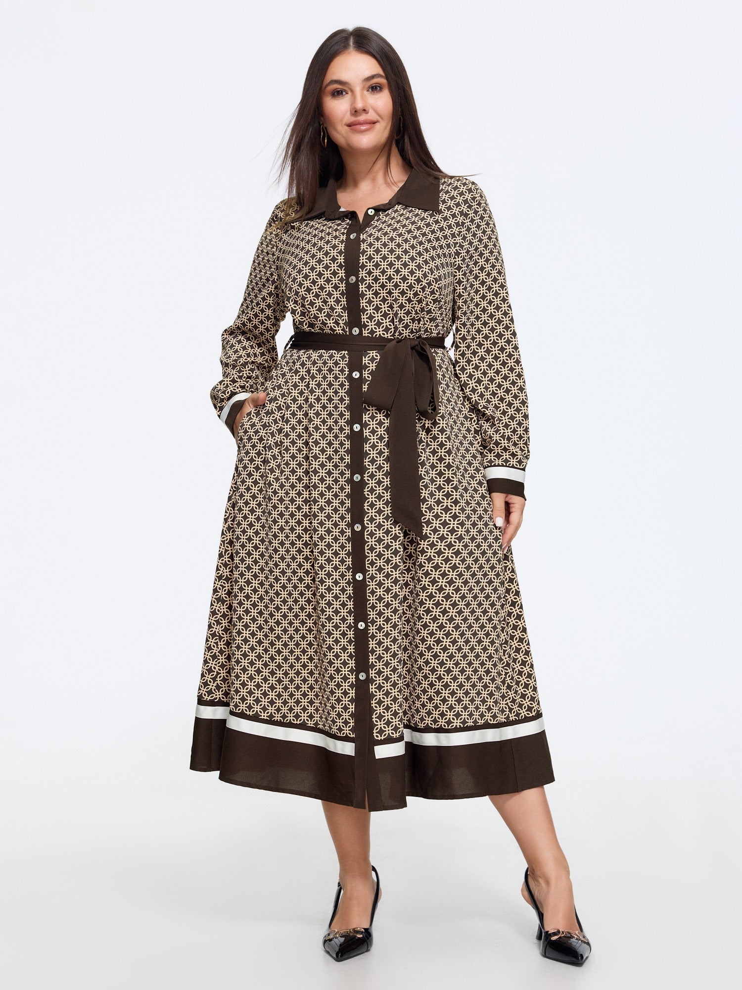 Geometric Print Self‑Tie Waist Contrast Trim Midi Dress
