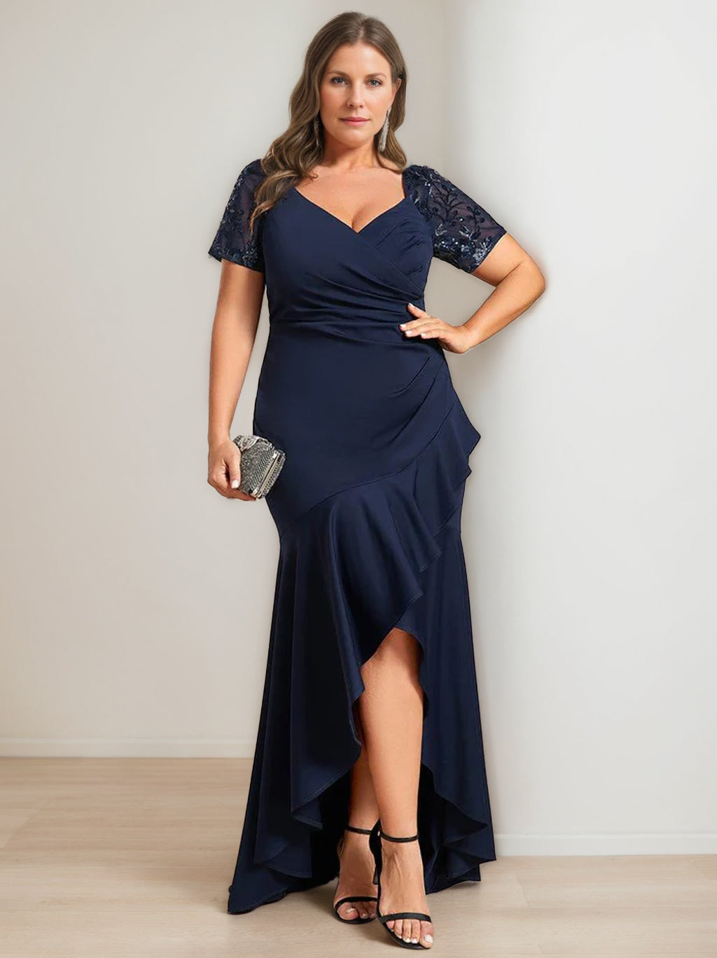 Asymmetrical V-Neck Short Sleeve Sheath Dress for Plus Size Mother of the Bride with Sequins