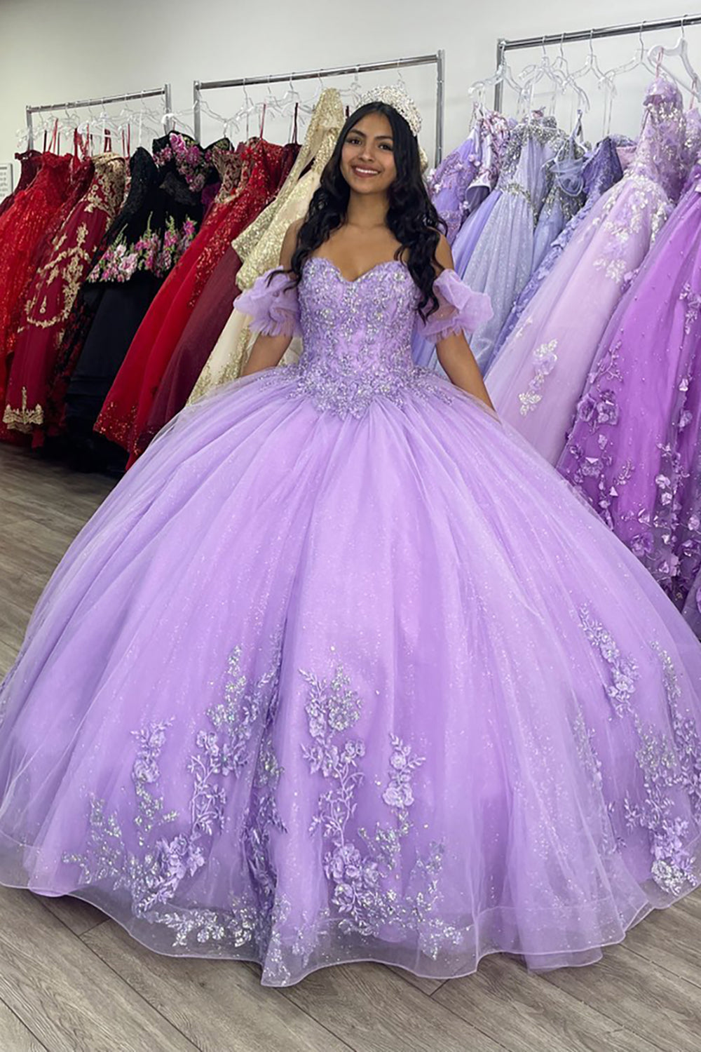 Sweetheart Ball Gown in Lilac with Tulle Applique and Puff Sleeves for Quinceanera