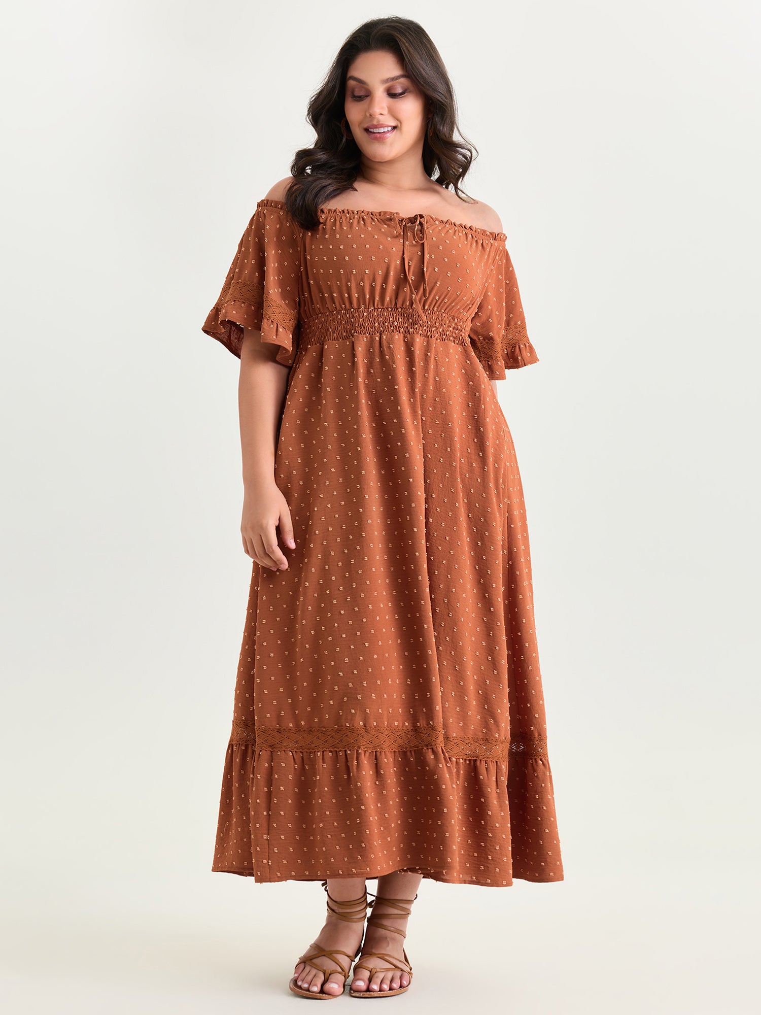 Textured Lace Trim Off-Shoulder Midi Dress