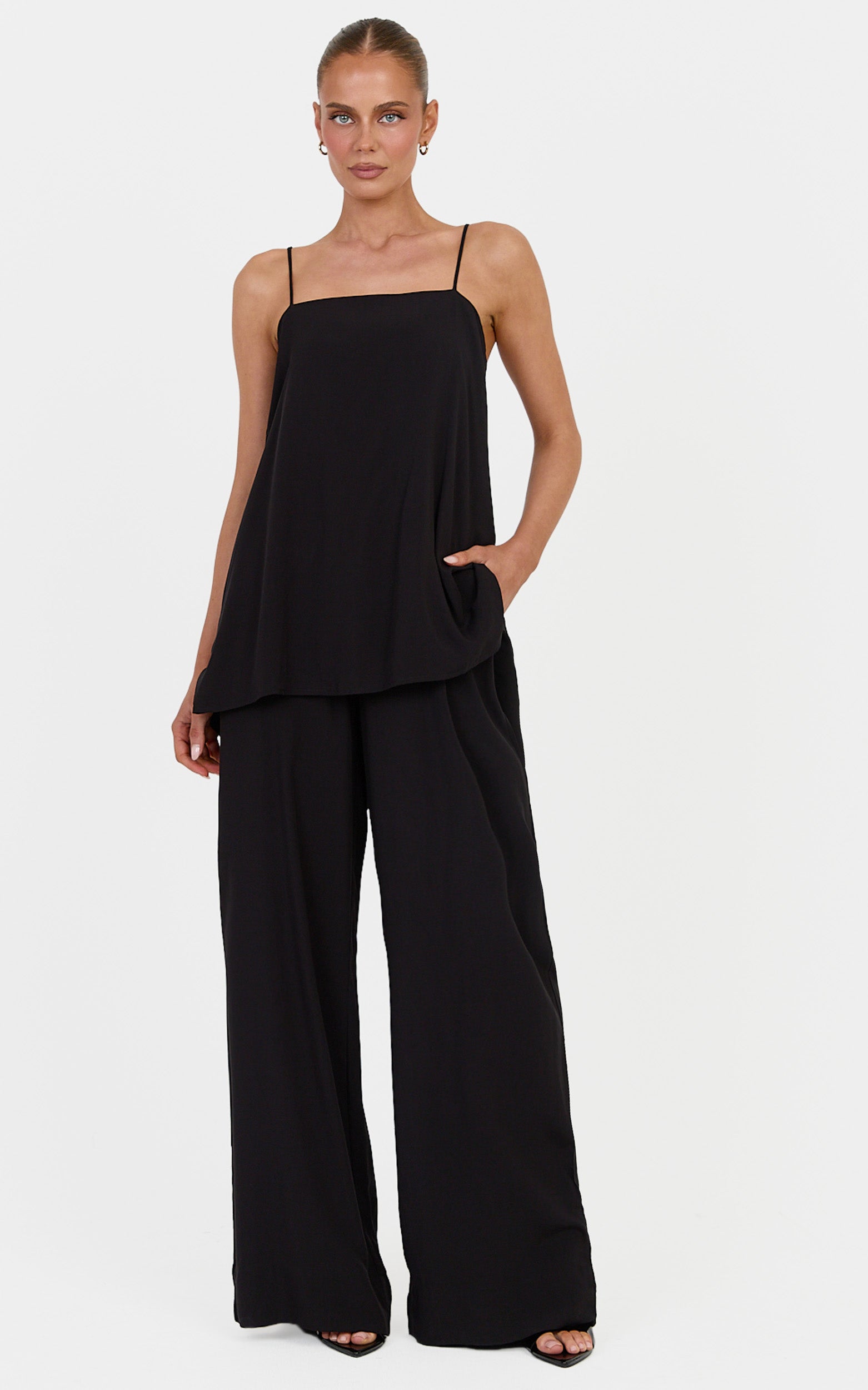 Lucy Two Piece Top and Pants Set - Waterfall Back Detail Top and Pants Set in Black