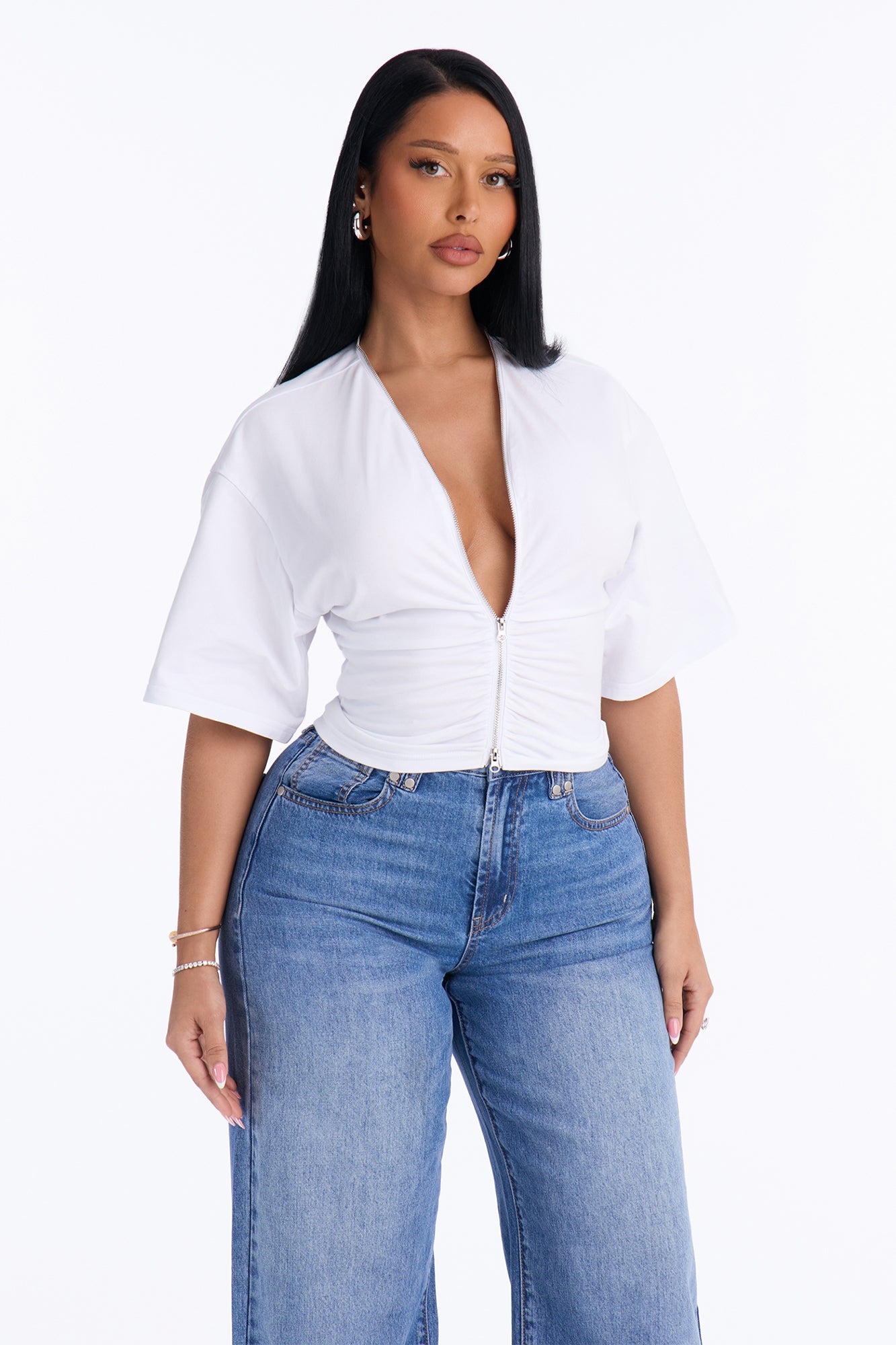 She Gets It Ruched Zipper Short Sleeve Top - White