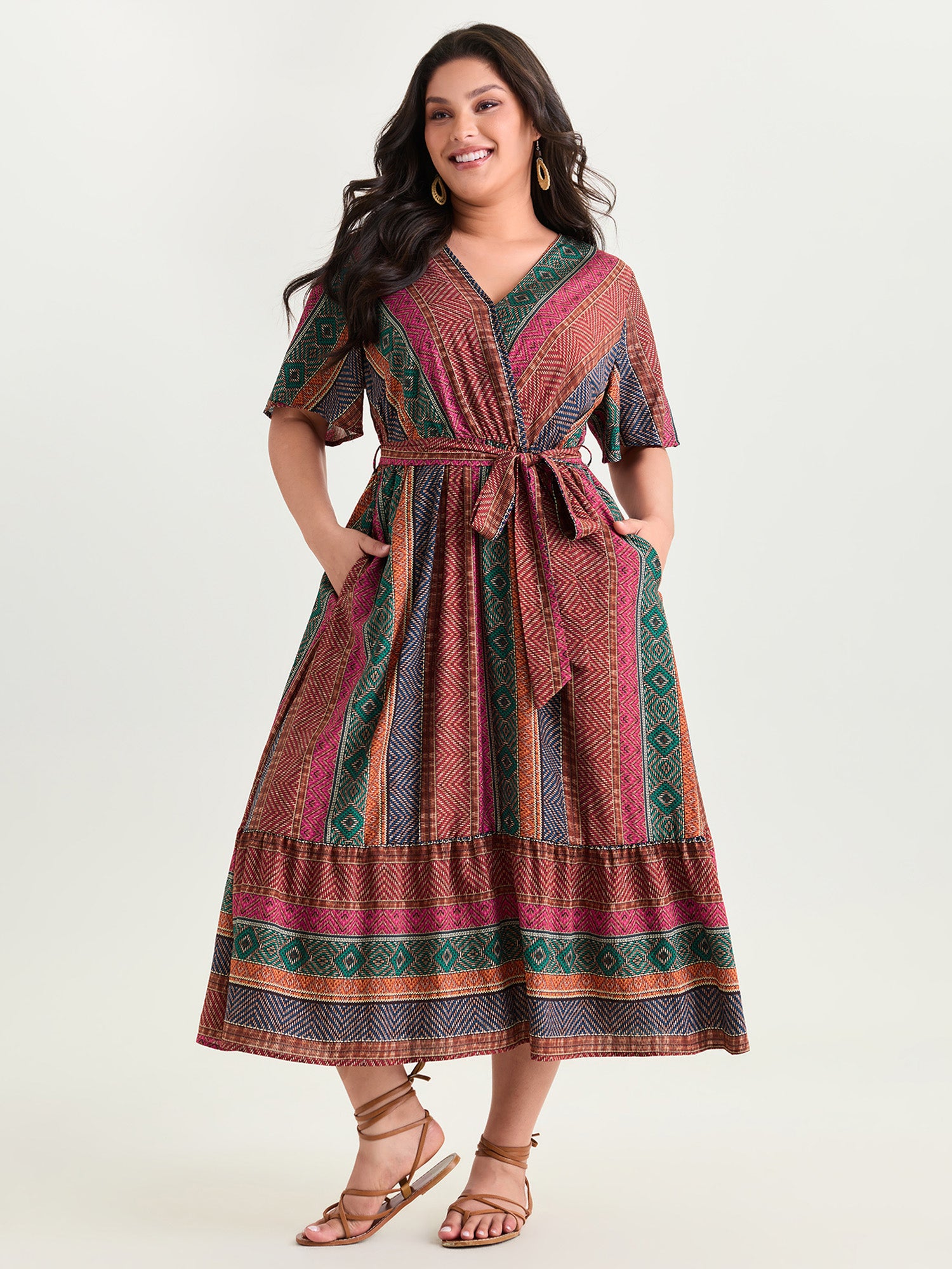 Colorful Striped Print Waist-Tie Maxi Dress