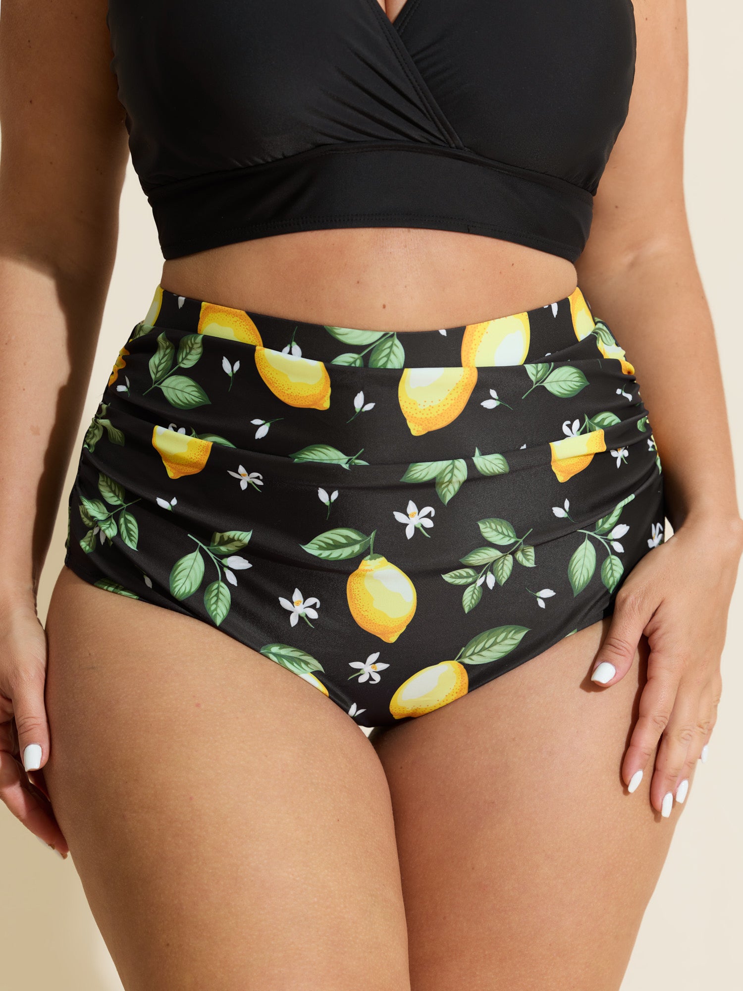 Lemon Print Pleated Tummy-Control Bikini Bottoms