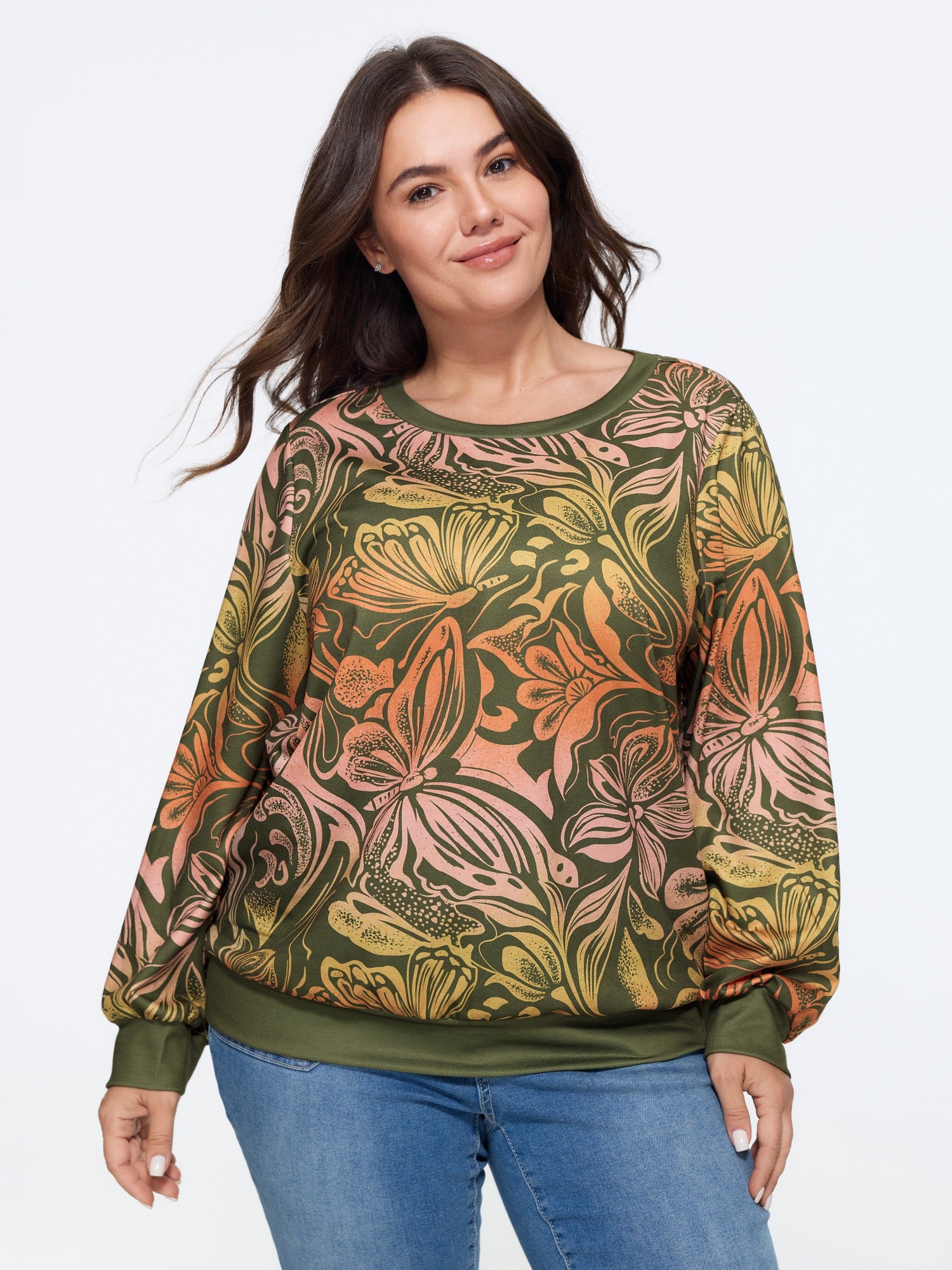 Butterfly Floral Print Crew Neck Casual Sweatshirt