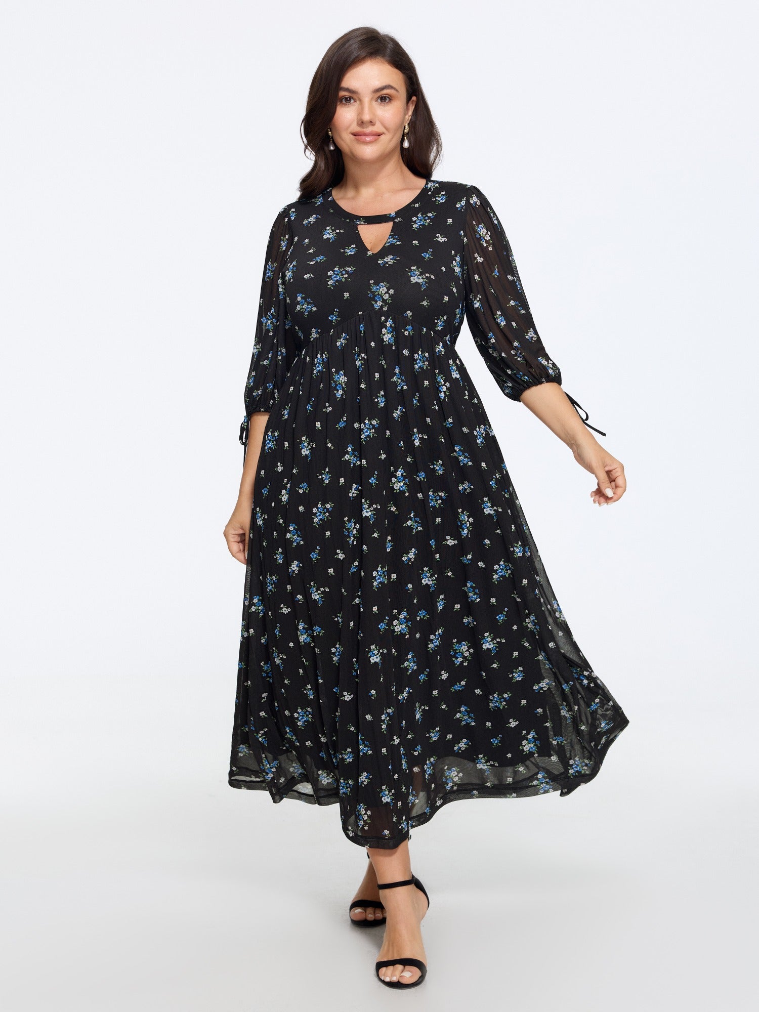 Floral Print Keyhole Neck Chiffon Flowy Maxi Dress