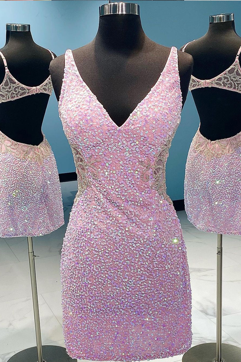 Lilac Sequins Homecoming Dress/Mini Dress with Open Back