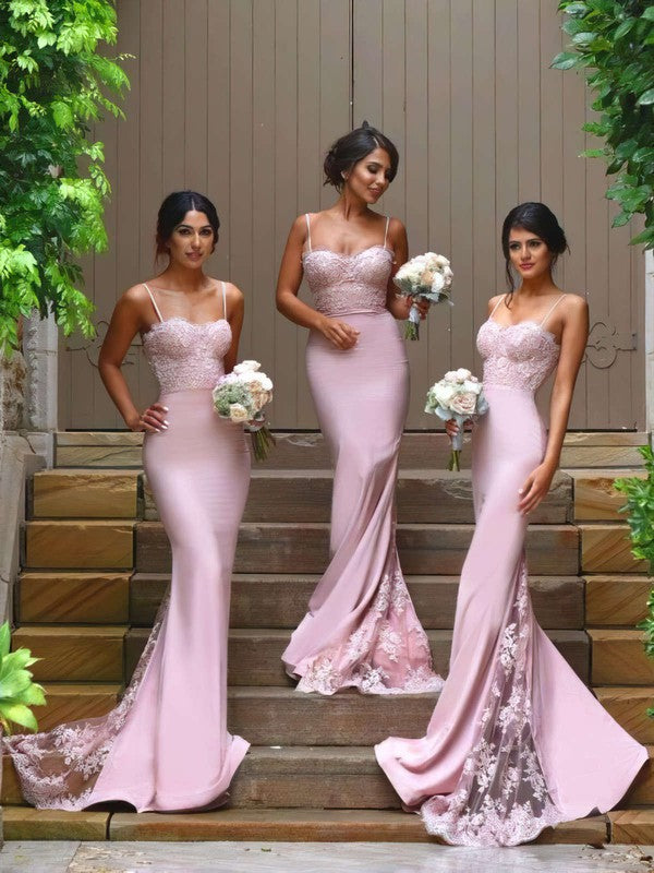 Stunning Sweep Train Sweetheart Sleeveless Trumpet Lace Satin Bridesmaid Dresses