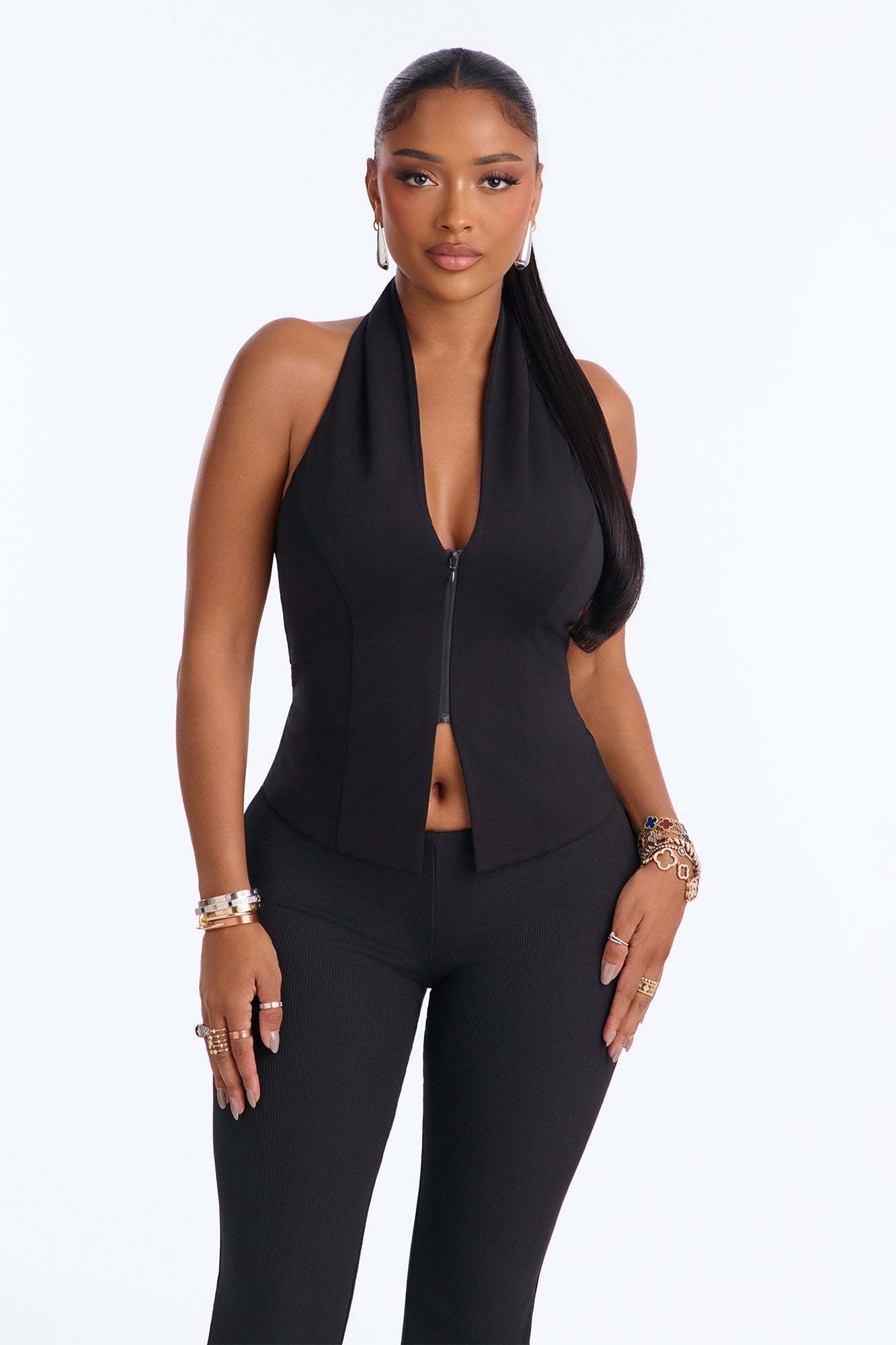 Kayda Front Zip Halter Top - Black