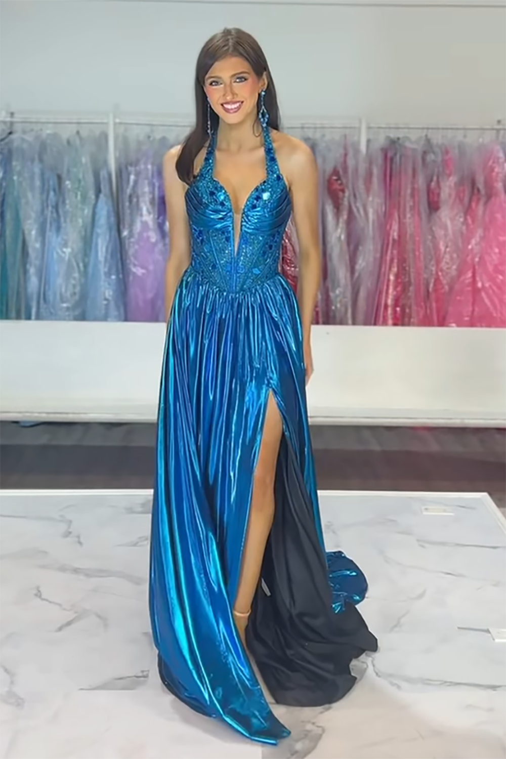 Metallic Royal Blue A-Line Prom Dress with Sequins and Halter Neck