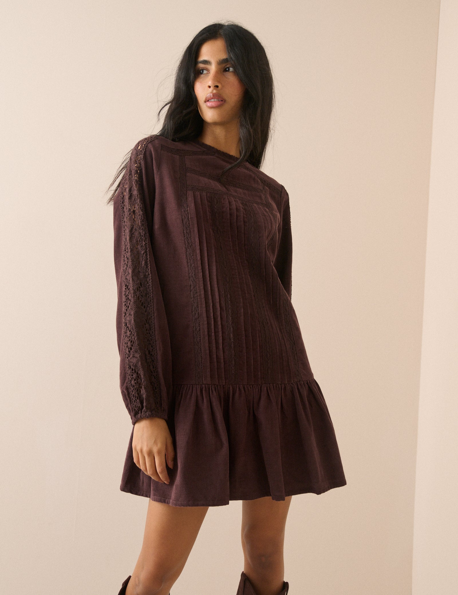 Brown Long Sleeve Cord Denise Mini Dress