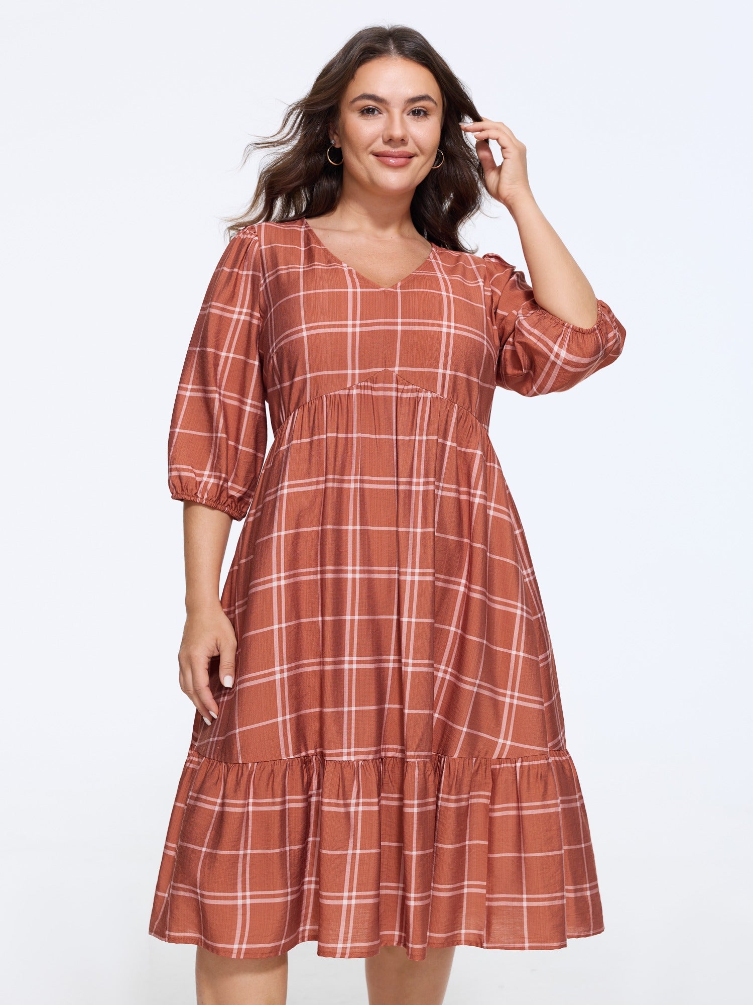 Plaid V Neck 3/4 Puff Sleeve Midi Dress