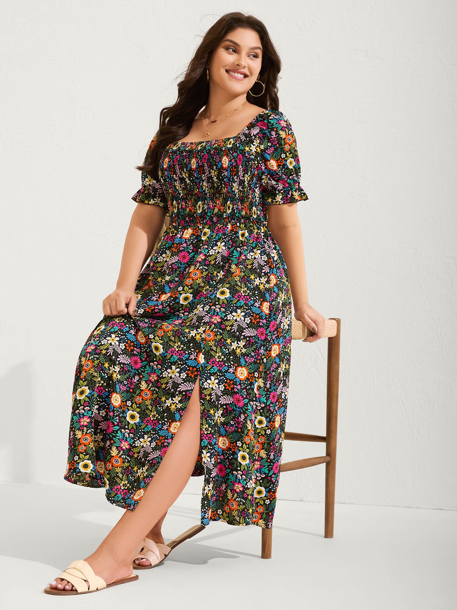 Shirred Stretchy Waist Floral Maxi Dress