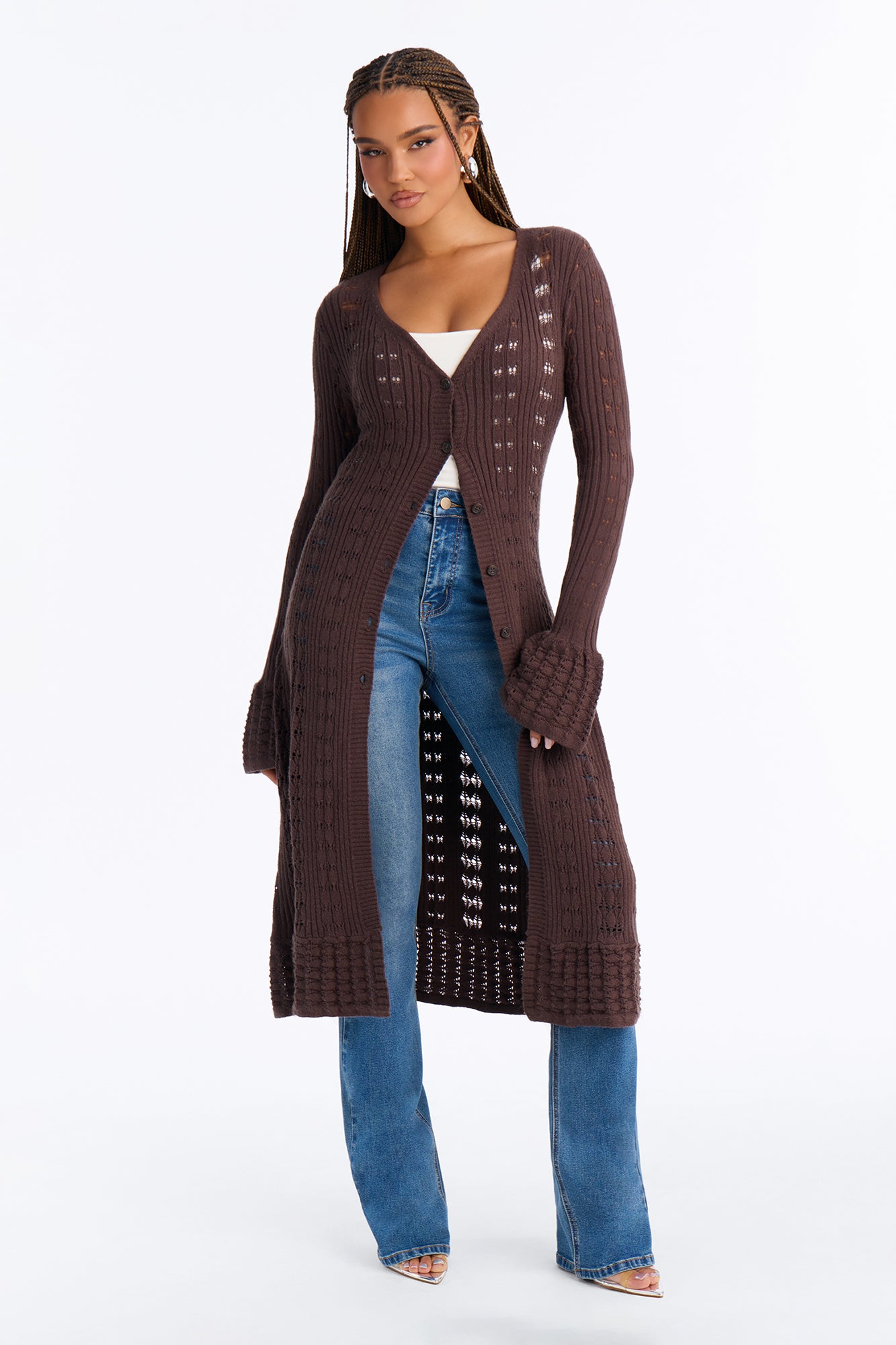 Amara Pointelle Long Cardigan Sweater - Chocolate