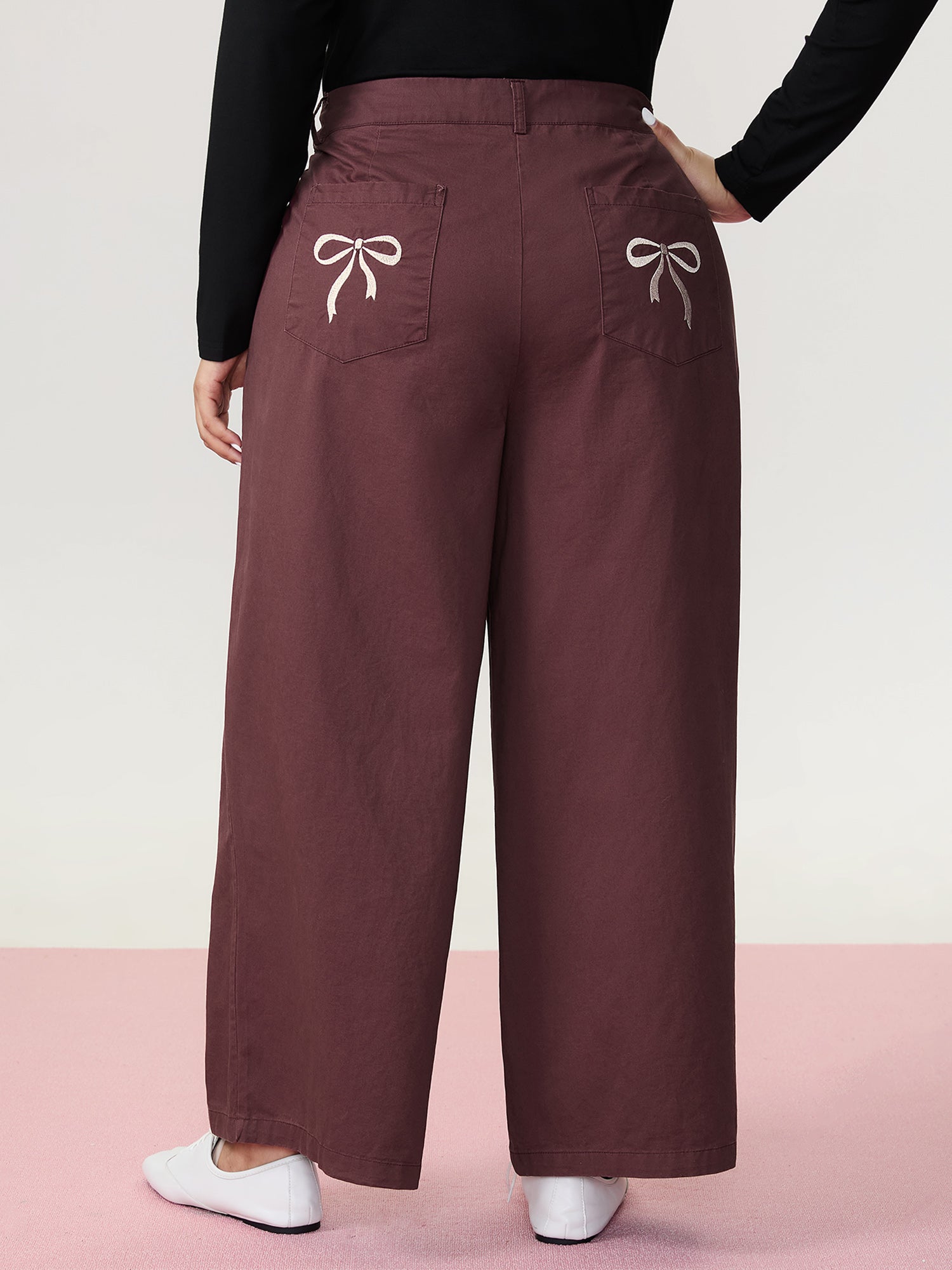 Cotton Bow Embroidery Pockets Plain Pants