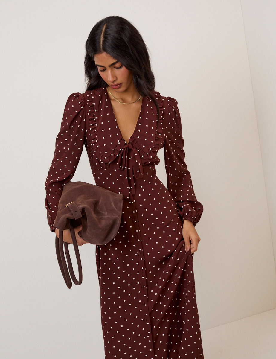 Brown Polka Dot Ottilie Midi Dress