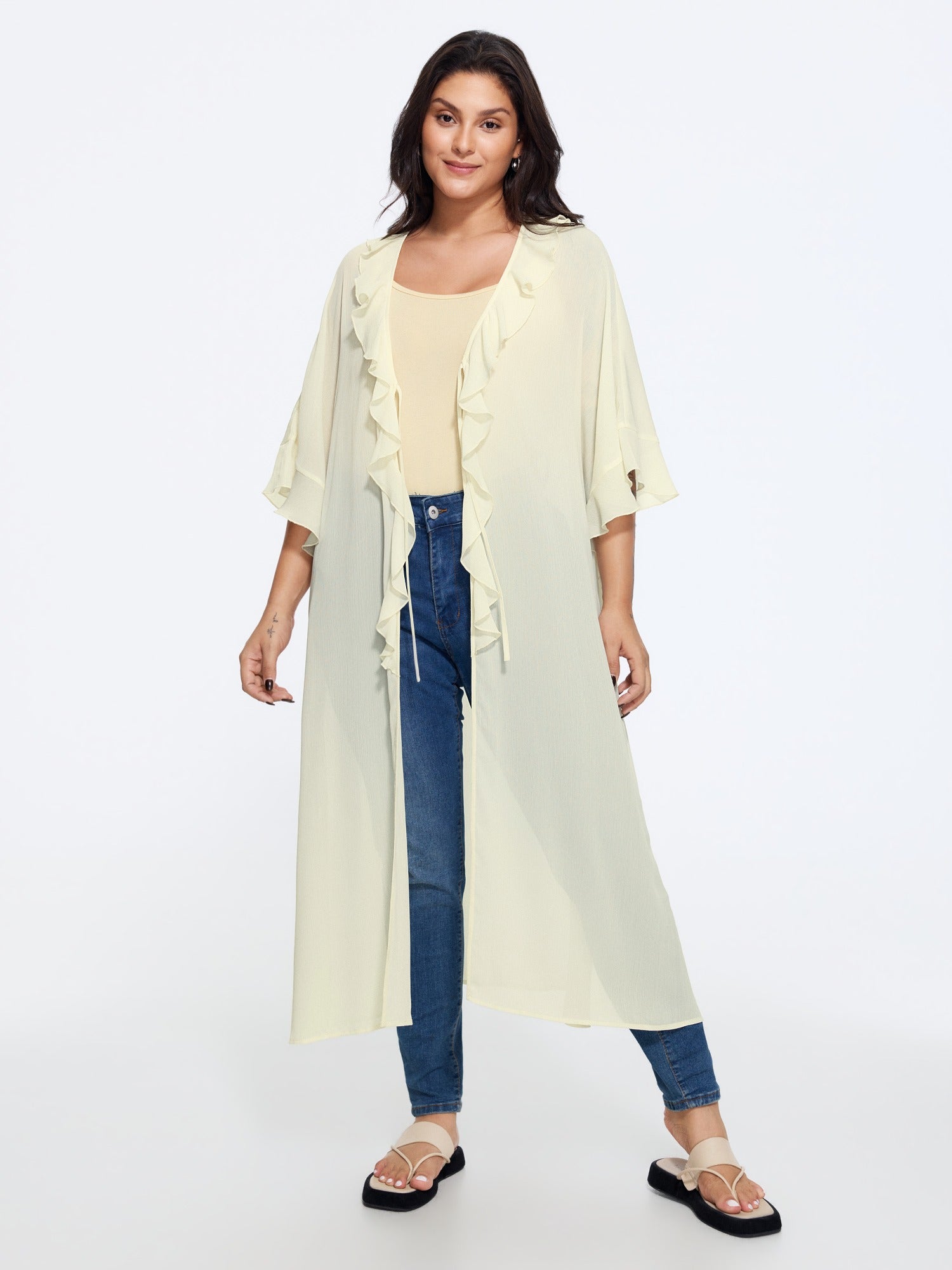 Breathable Ruffle Trim Long Cover Up