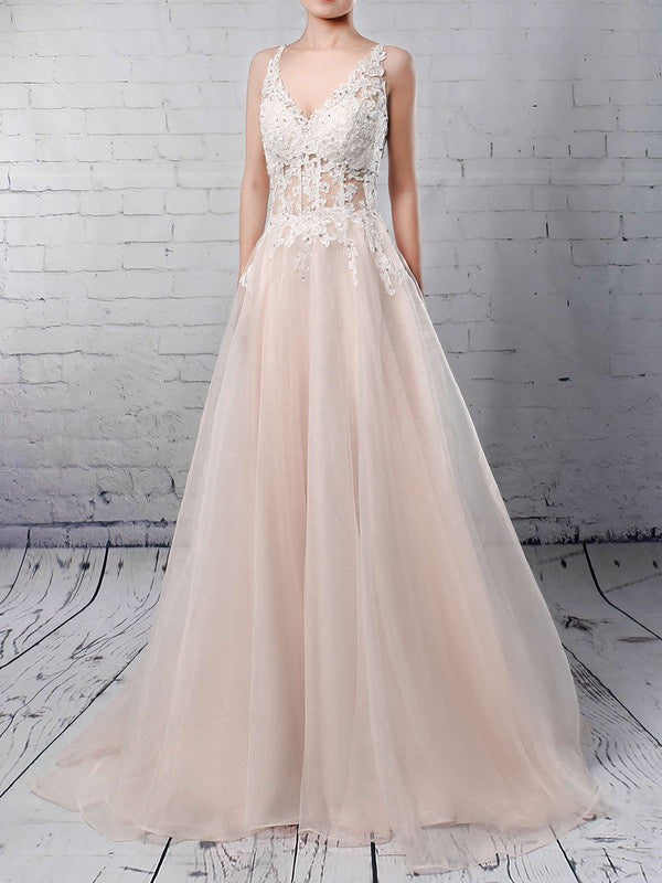 Exquisite V-Neck Tulle Lace A-Line Sweep Train Wedding Dresses