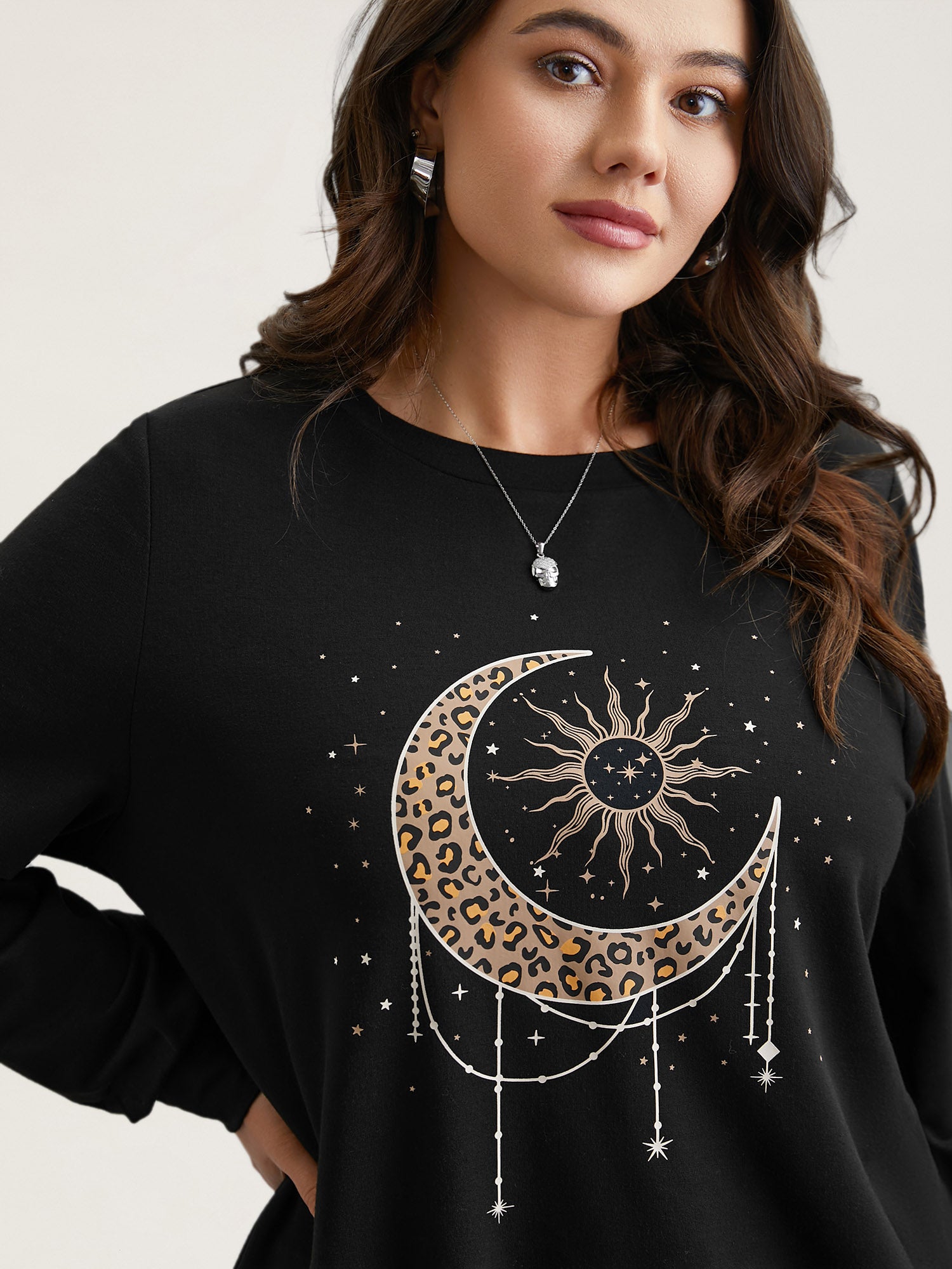Crew Neck Celestial Print Stretch Sweatshirt