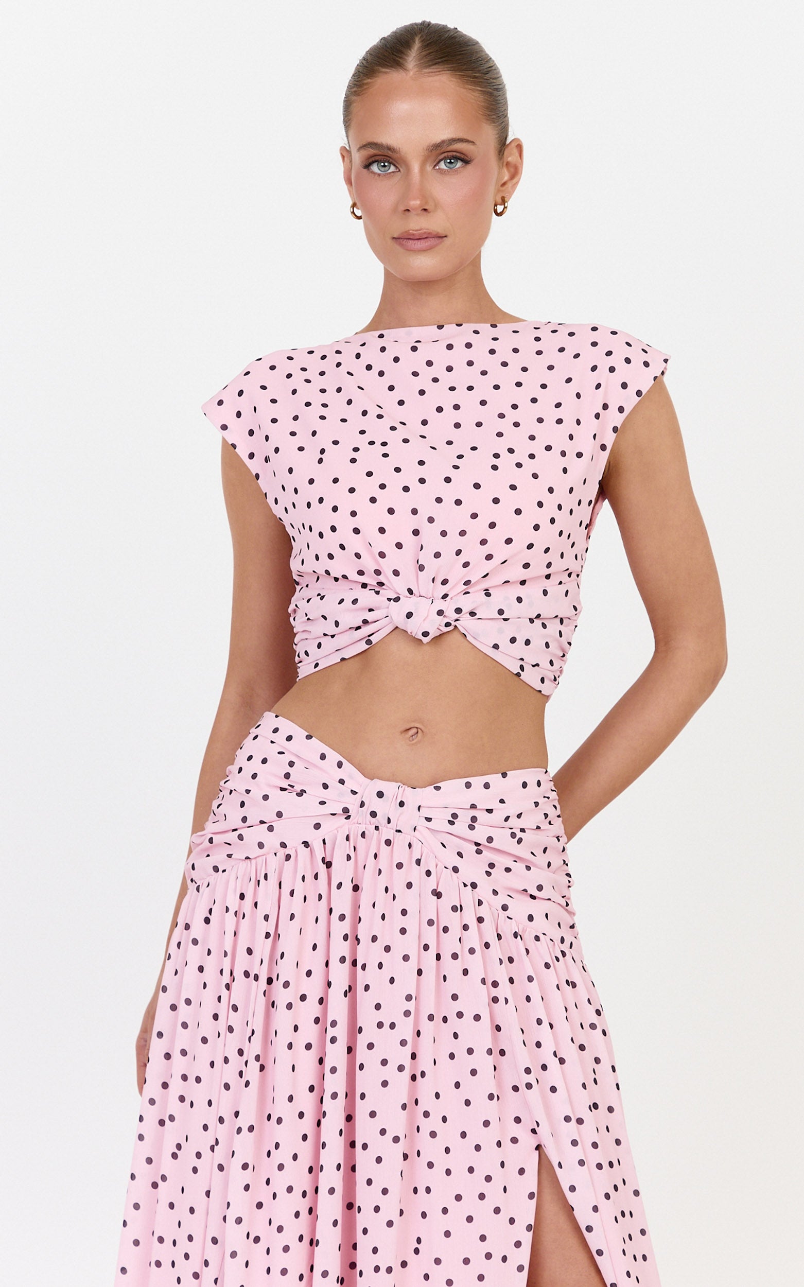 Livia Top - Knot Detail Polka Dot Print Top in Blush Scattered Polka Dot Print