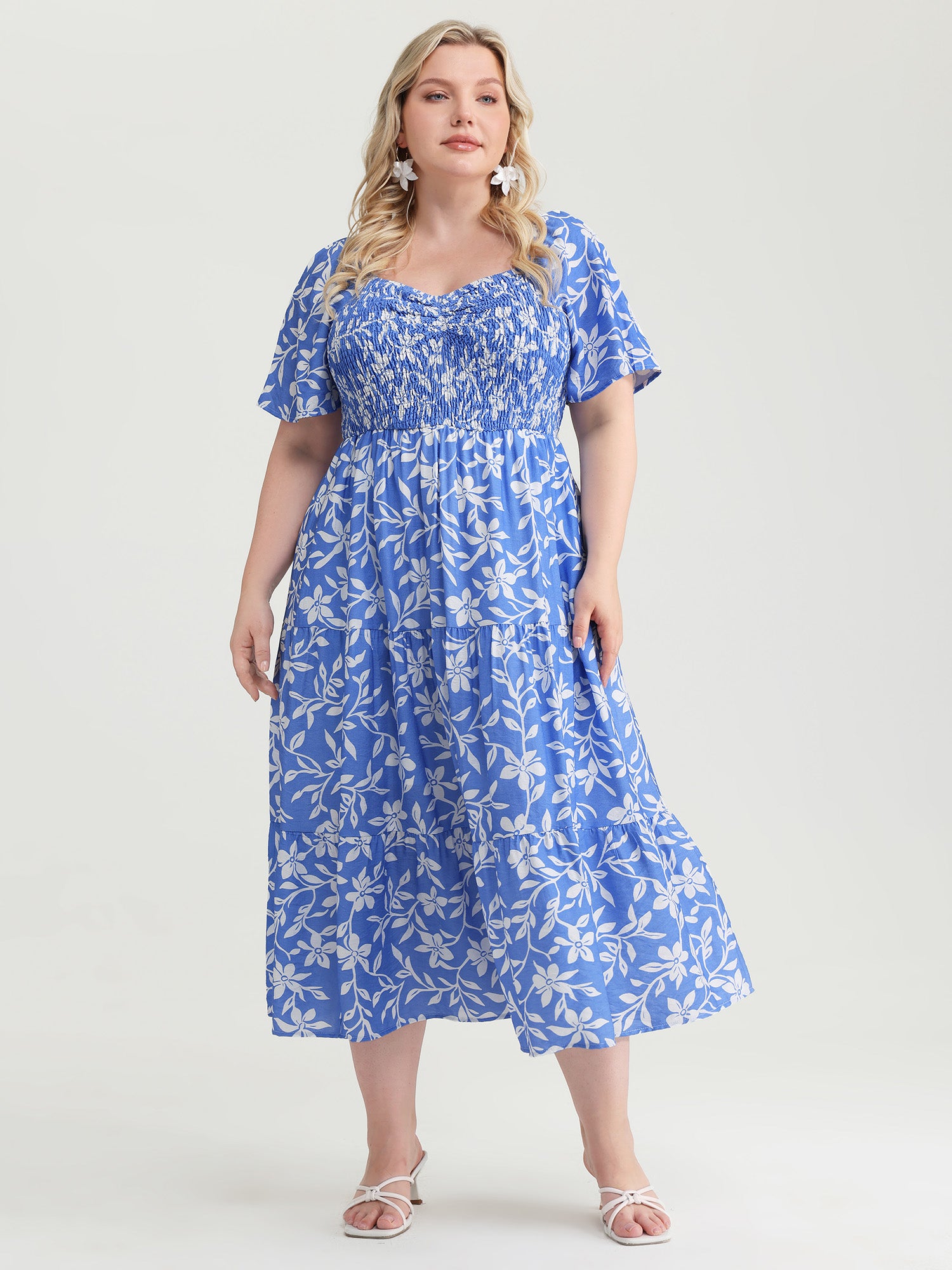 Silhouette Flower Print Shirred Pockets Midi Dress