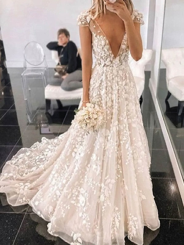 Exquisite Capped V-Neck Lace Sweep Train A-Line Wedding Dresses with Appliques