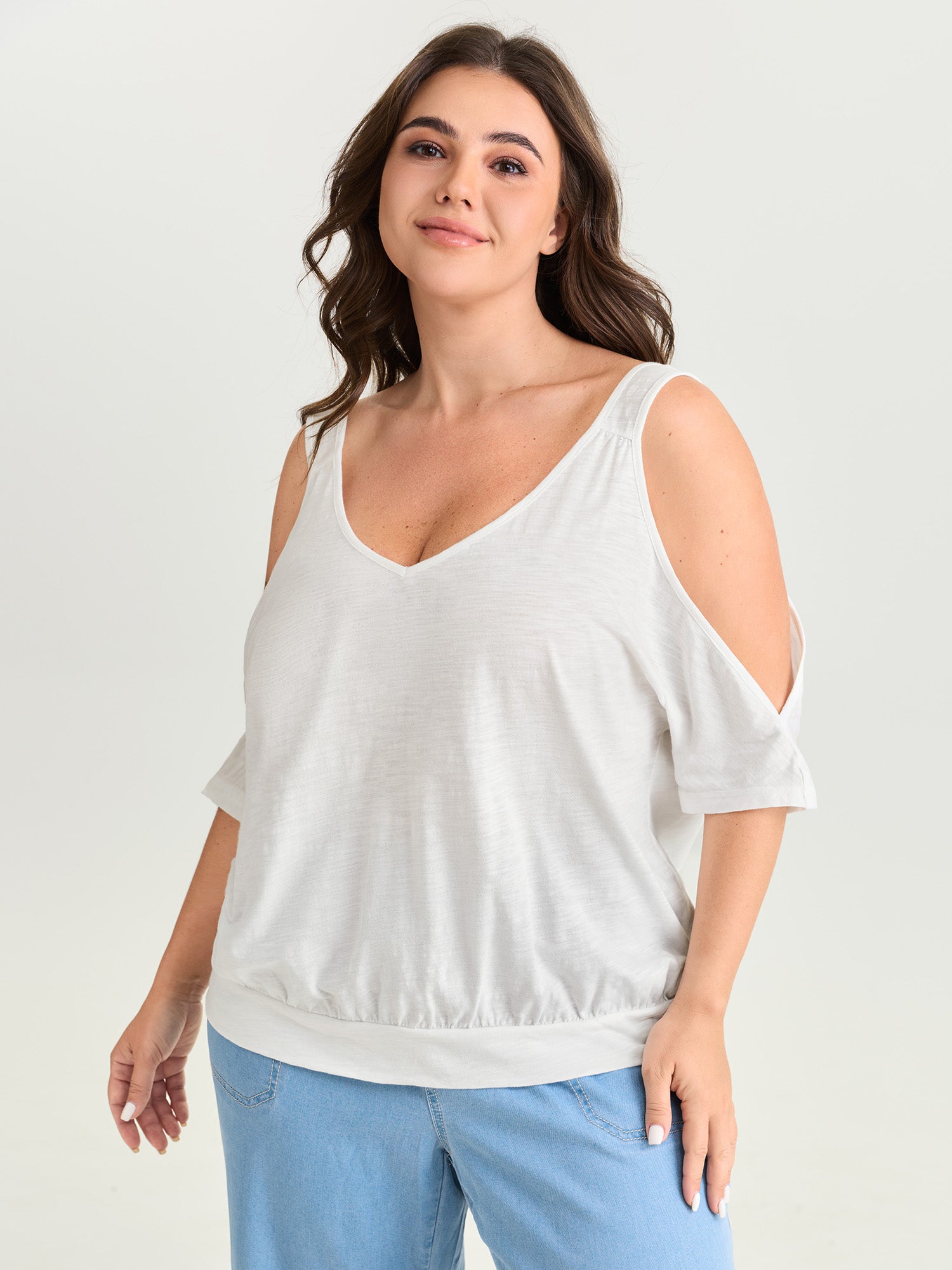 Cotton Stretechy Shoulder Cut-Out T-Shirt