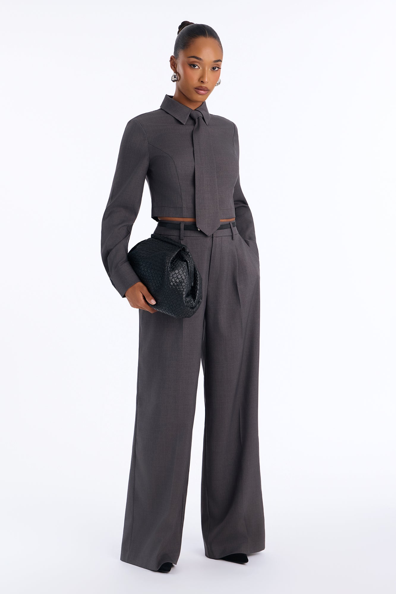 Beverly 3 Piece Necktie Belted Pant Set - Charcoal