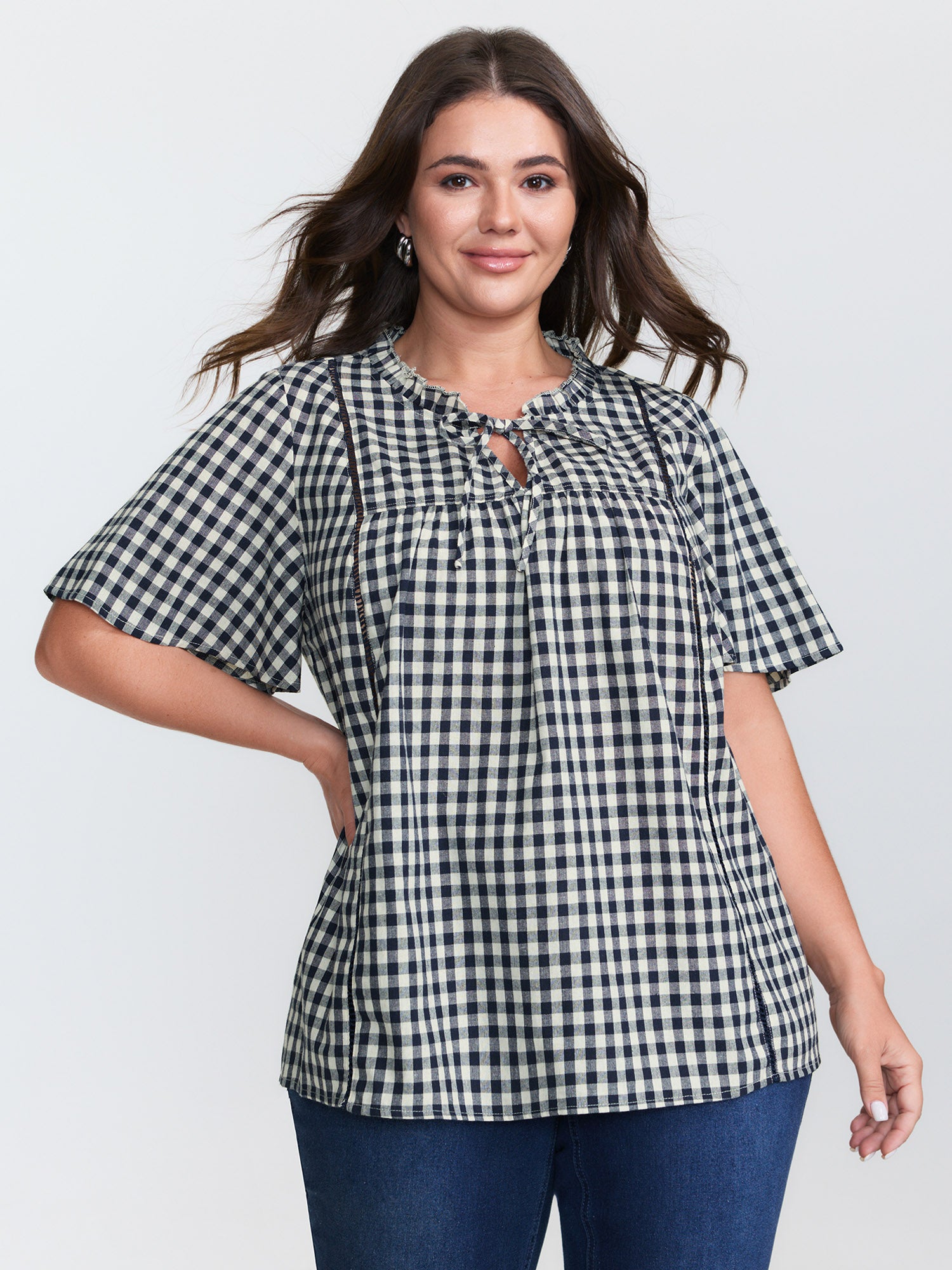 Checkered Drawstring Neckline Blouse