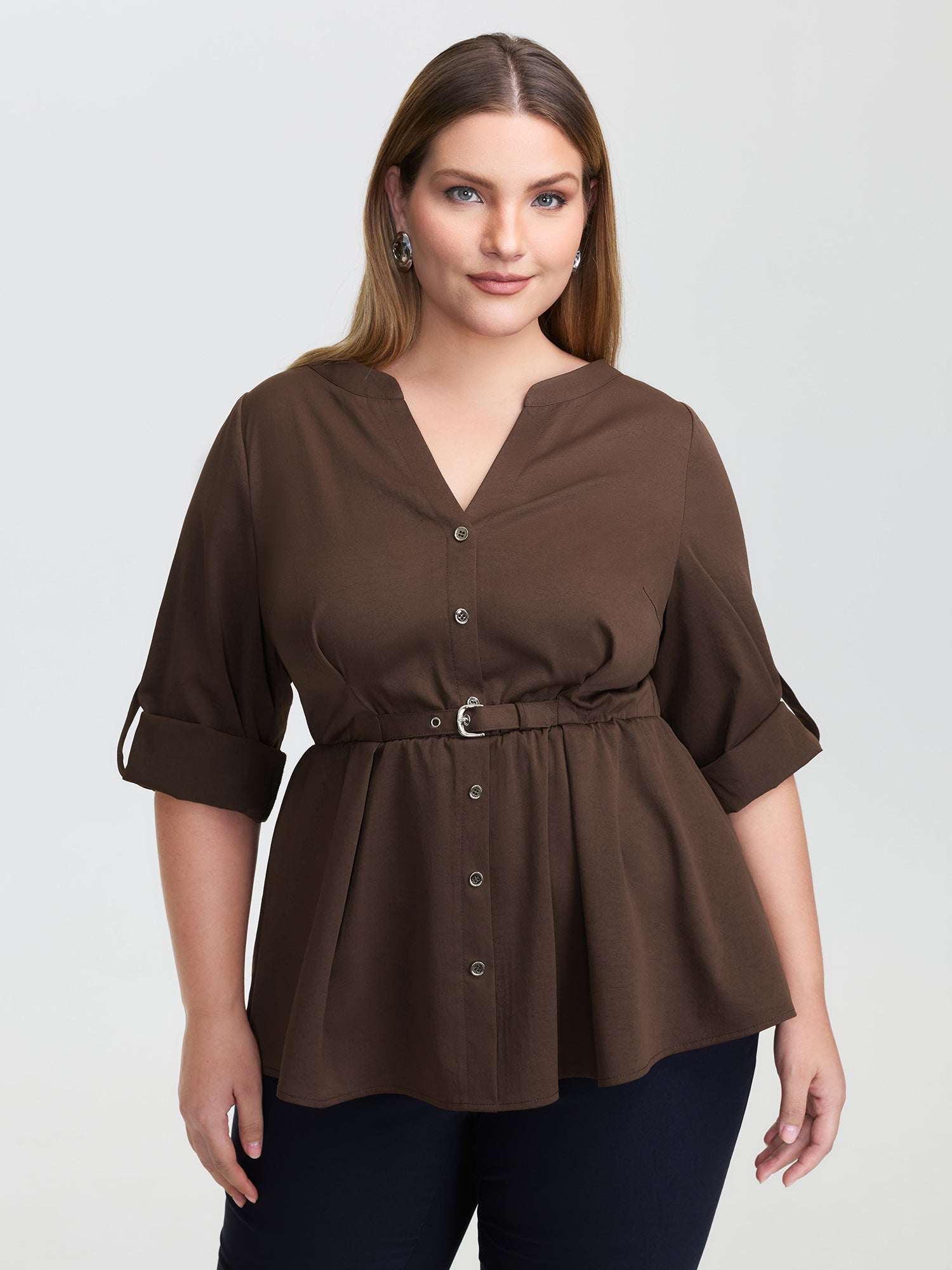 Waist Defining Tab Sleeve Blouse