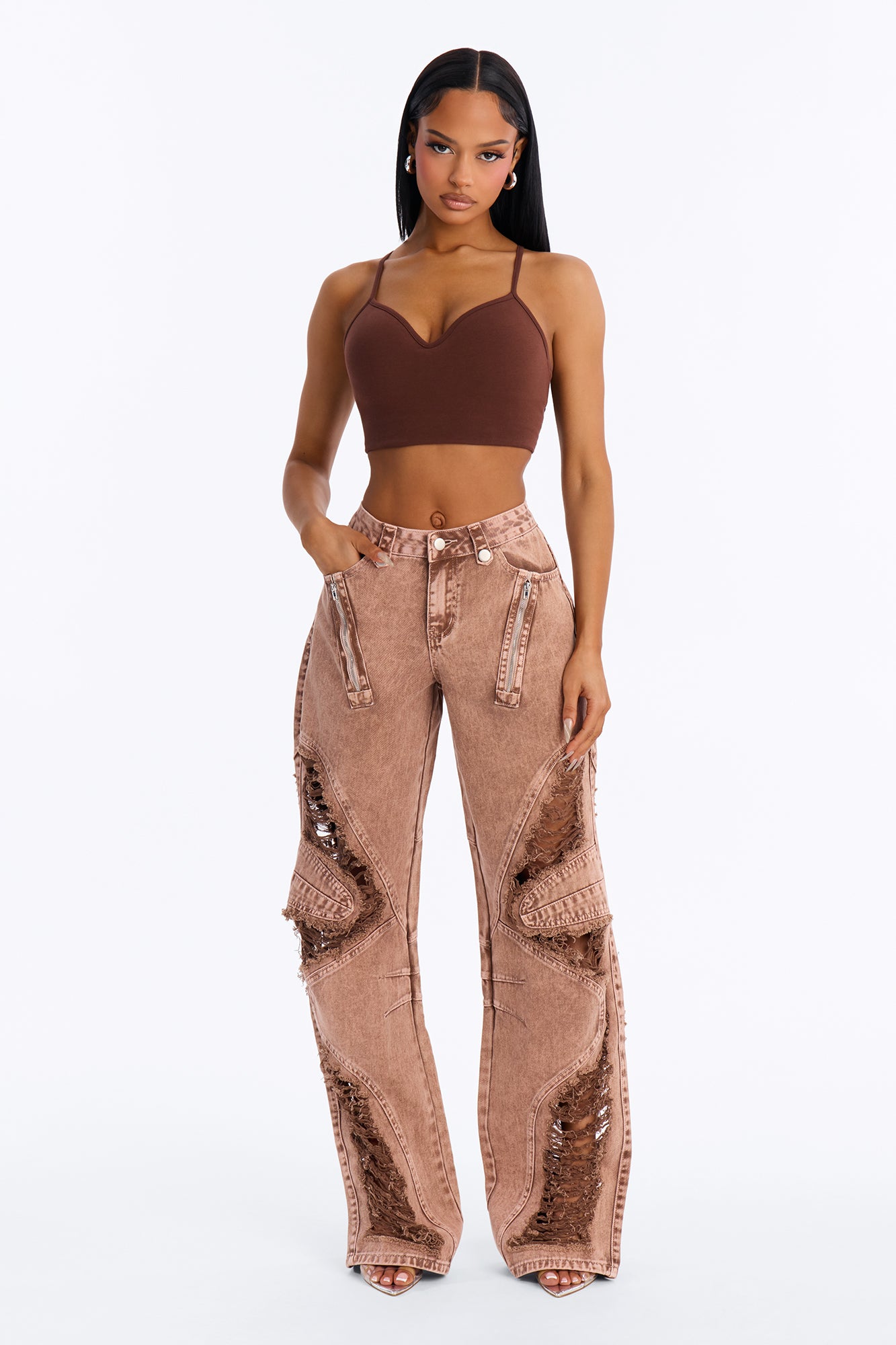 Never Promised Destructed Straight Leg Jeans - Brown