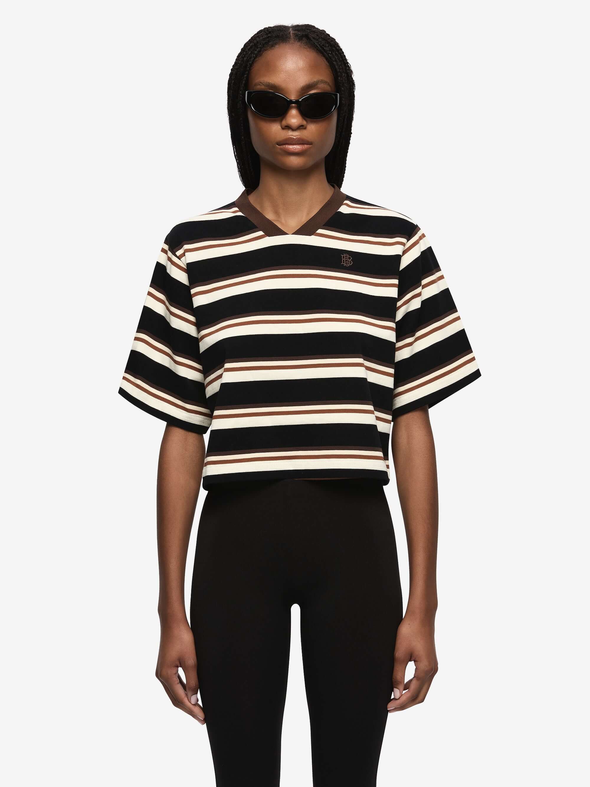 NIKA CROPPED JERSEY - BLACK/CHOCOLATE STRIPE