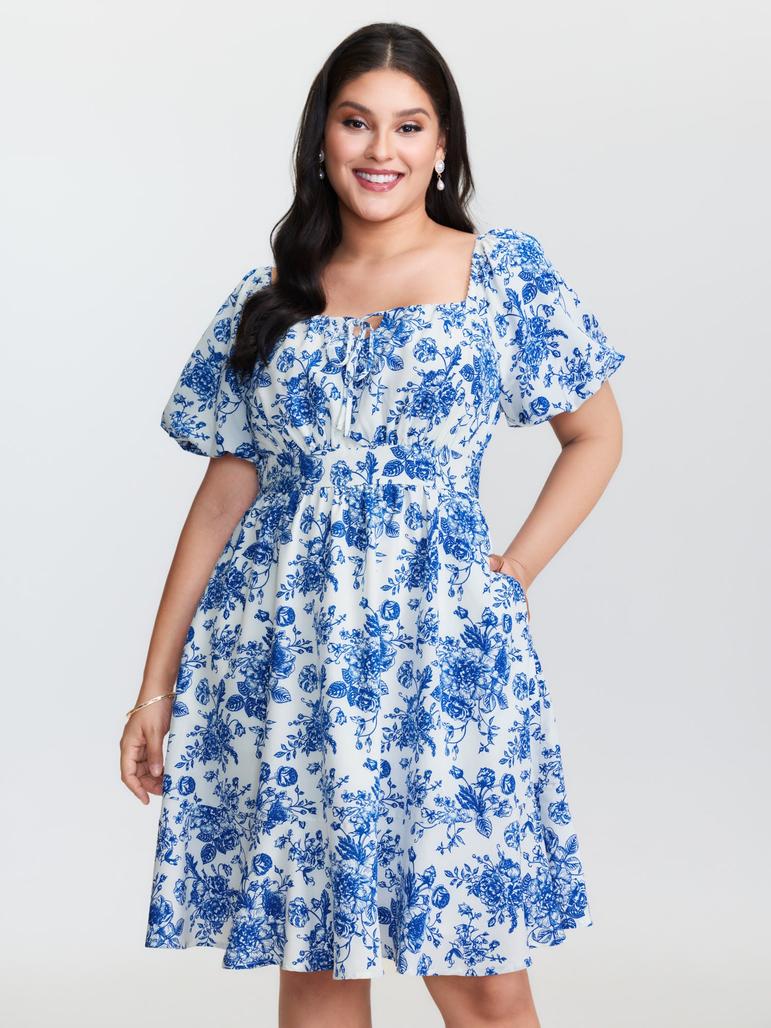 Floral Print Shirred Bodice Drawstring Mini Dress